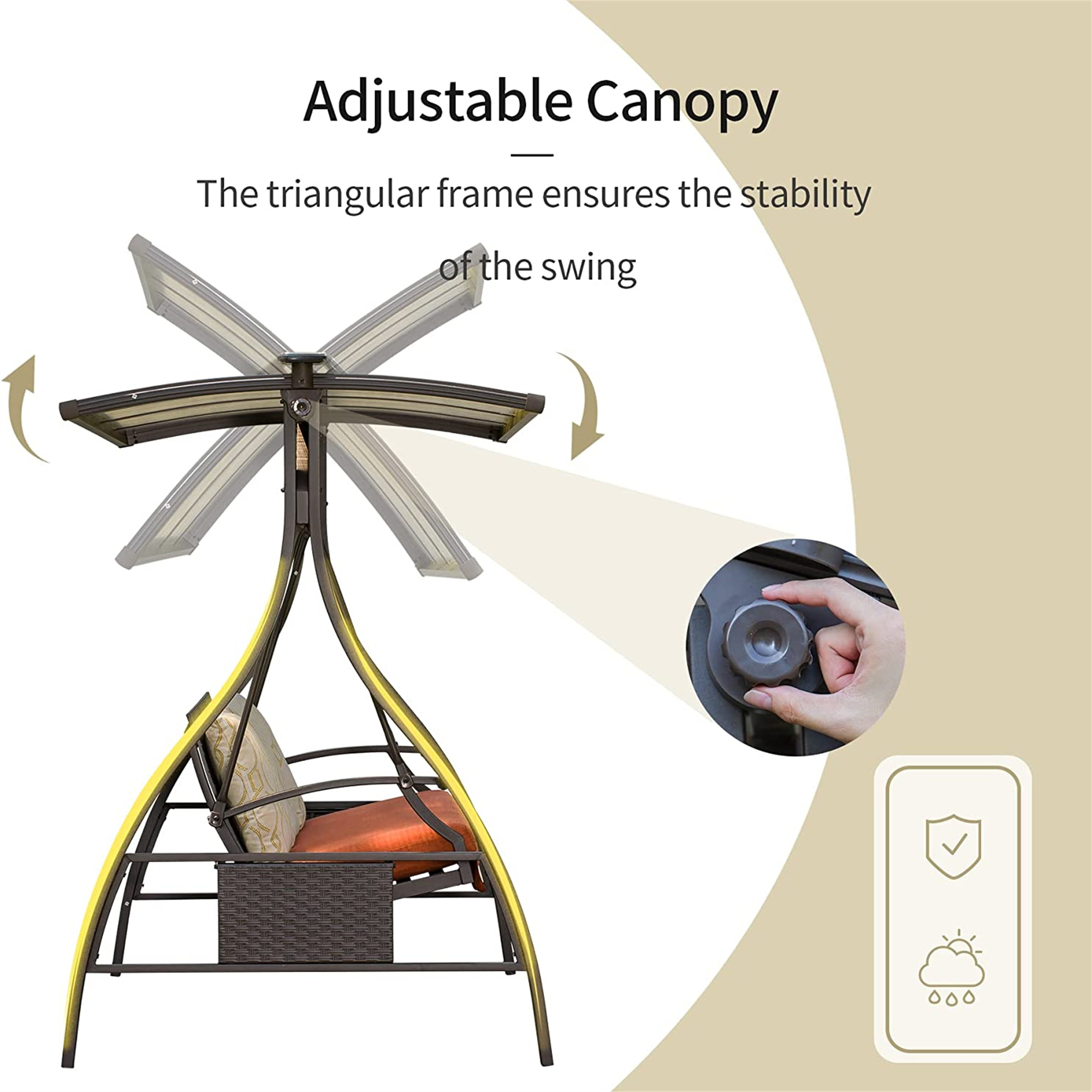 3-Person Patio Porch Swing Chair with Adjustable Canopy Solar LED Light Glider and Sunbrella Cushions Deluxe Hammock Swing for Outdoor Garden Balcony Backyard