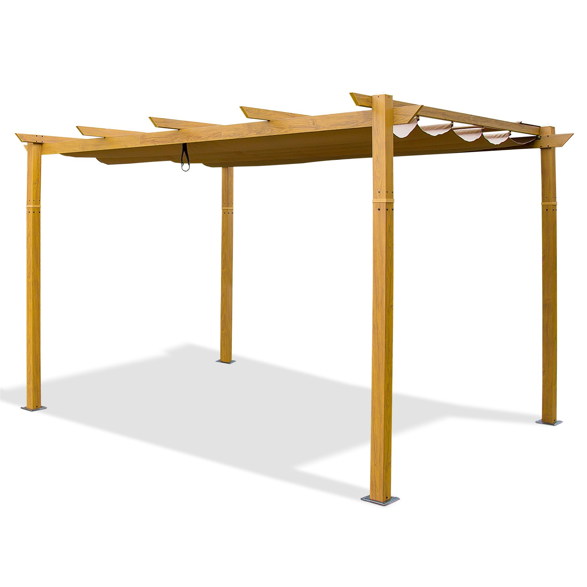 10' x13' Outdoor Pergola Aluminum Wood Looking Frame Retractable Canopy Heavy Duty Grape Trellis Sunshade Cover