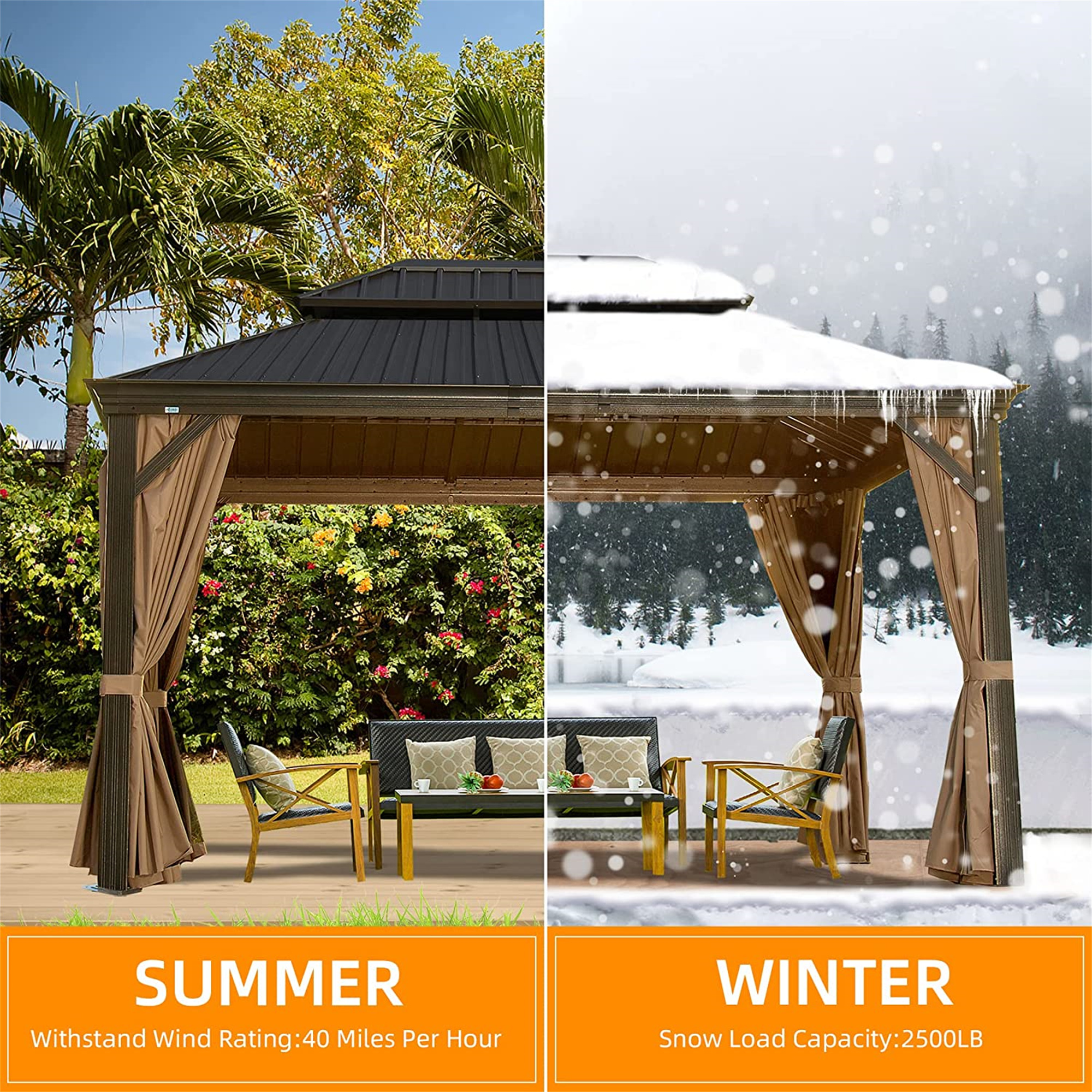 Mondawe 10ftx12ft Outdoor Aluminum Gazebos Galvanized Steel Double Canopy with Curtains Netting for Patio Deck Backyard Grill