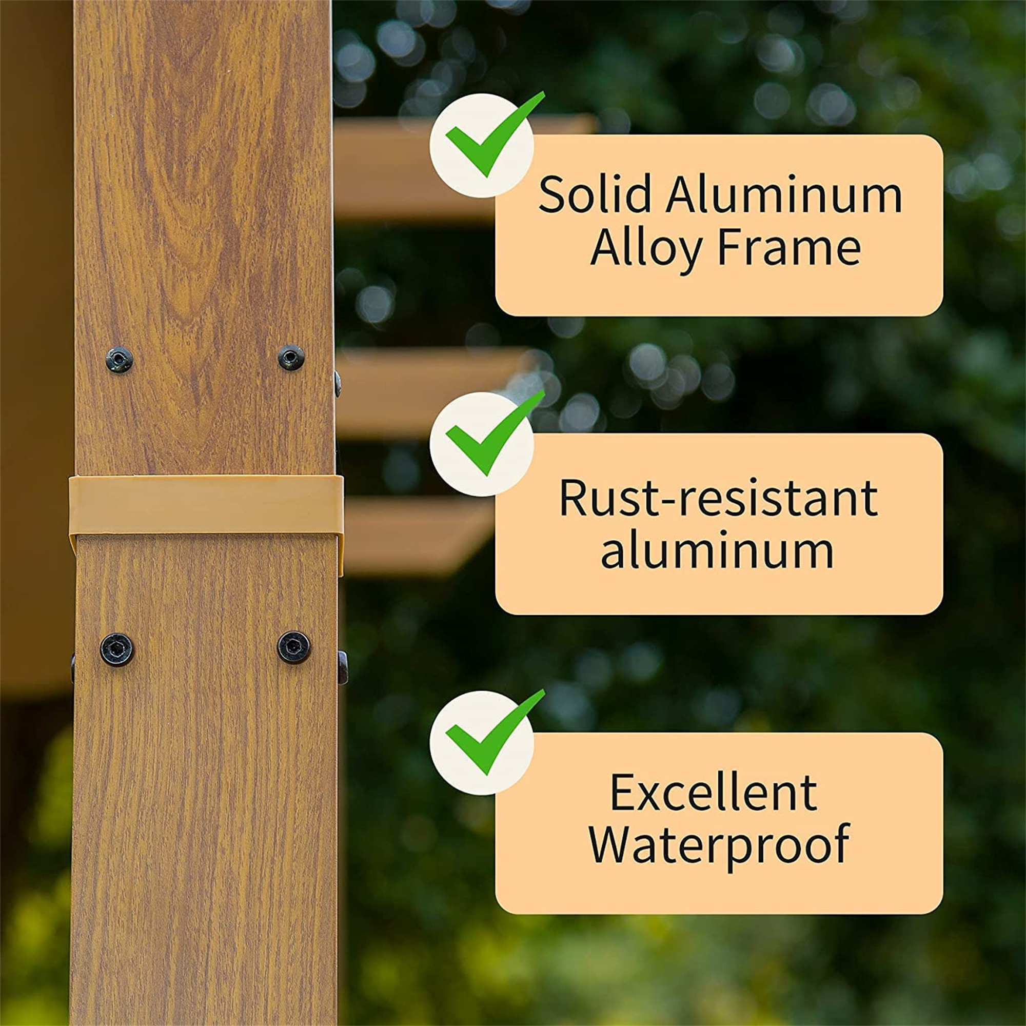 10' x13' Outdoor Pergola Aluminum Wood Looking Frame Retractable Canopy Heavy Duty Grape Trellis Sunshade Cover