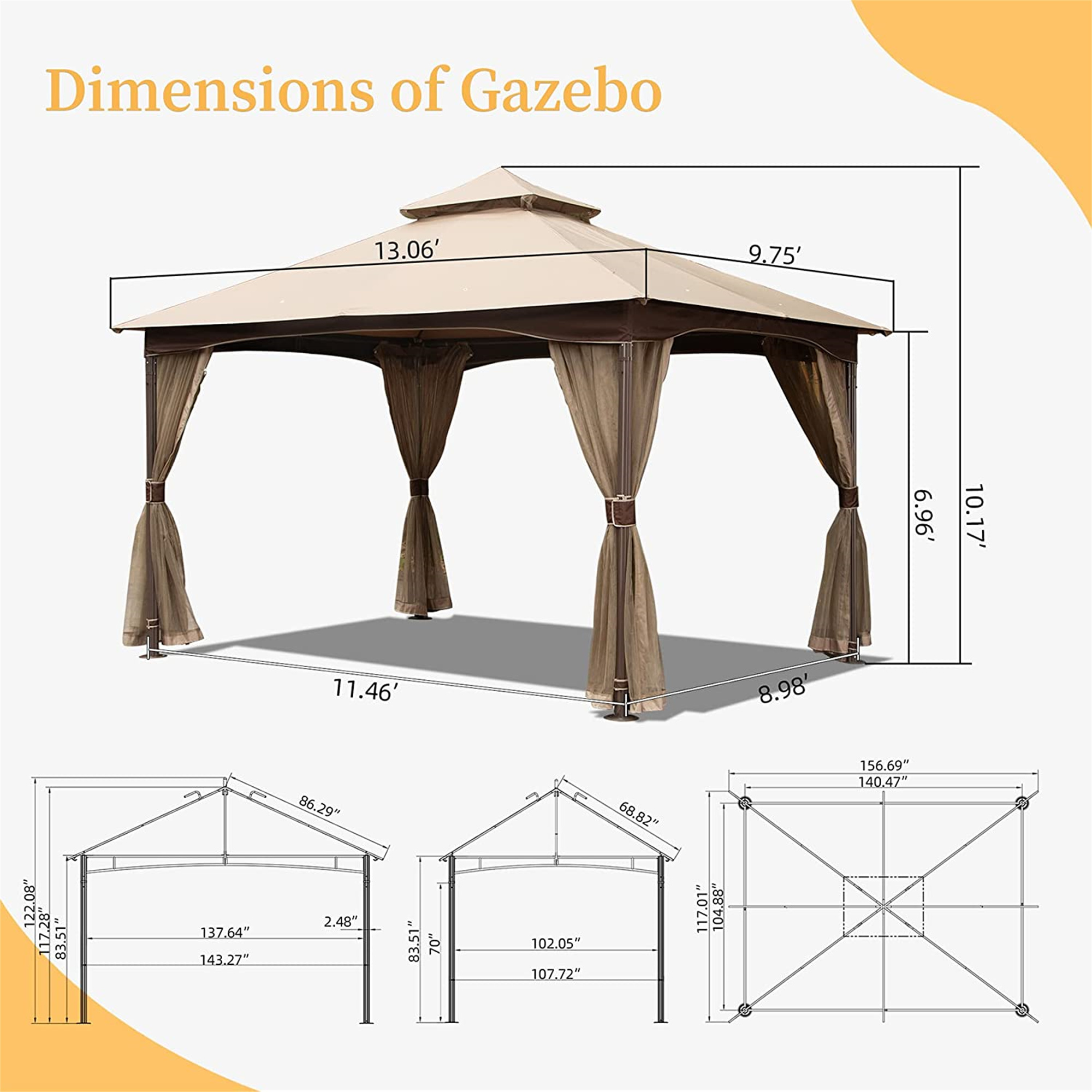 10'x13' Gazebo, Outdoor Gazebo with Mosquito Netting, Metal Frame Double Roof Soft Top Patio Gazebo Canopy Tent for Deck Backyard Garden Lawns (Khaki)