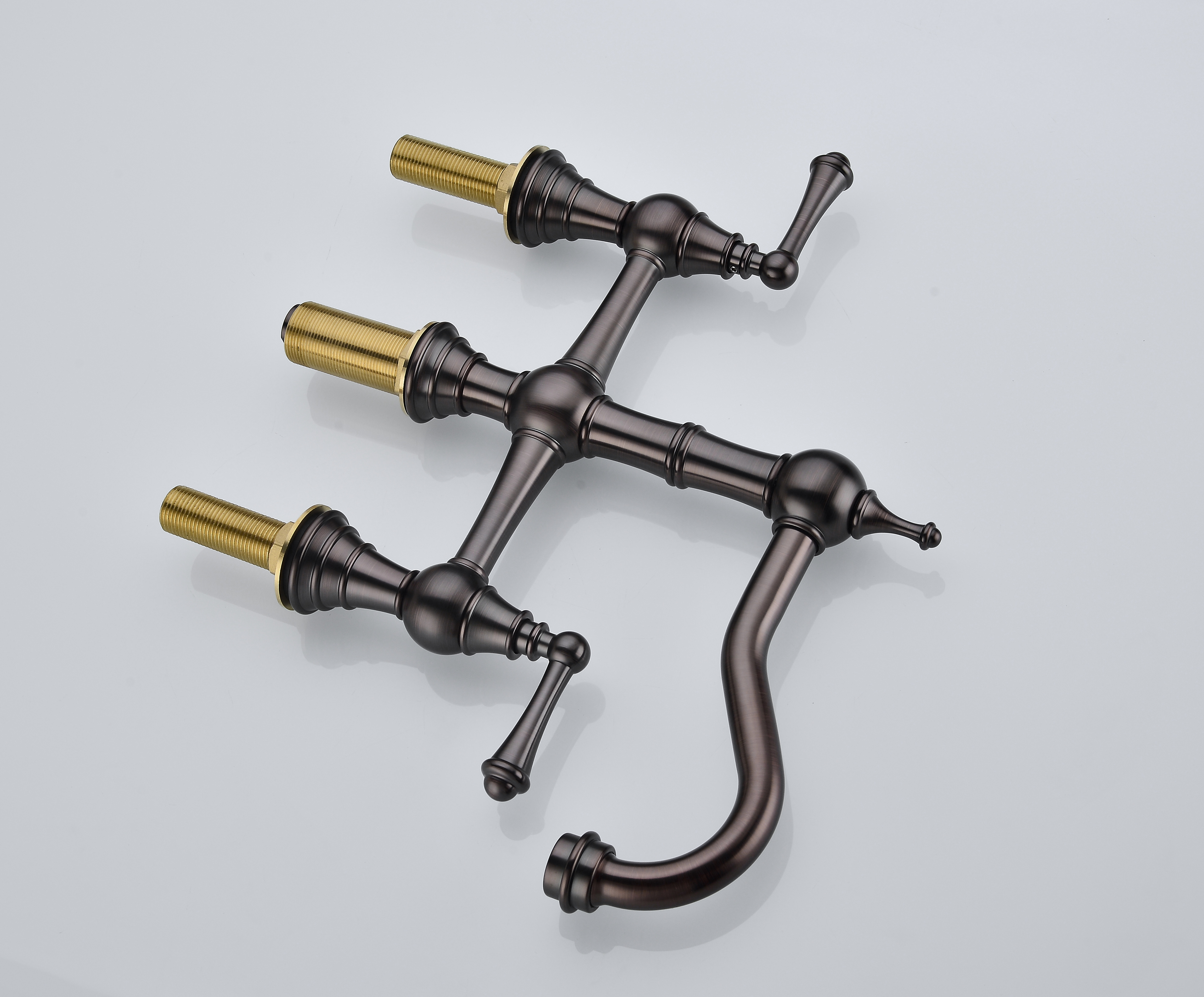  Double Handle Bridge Kitchen Faucet with Brass Side Sprayer in Bronze, 4-Holes Kitchen Faucet