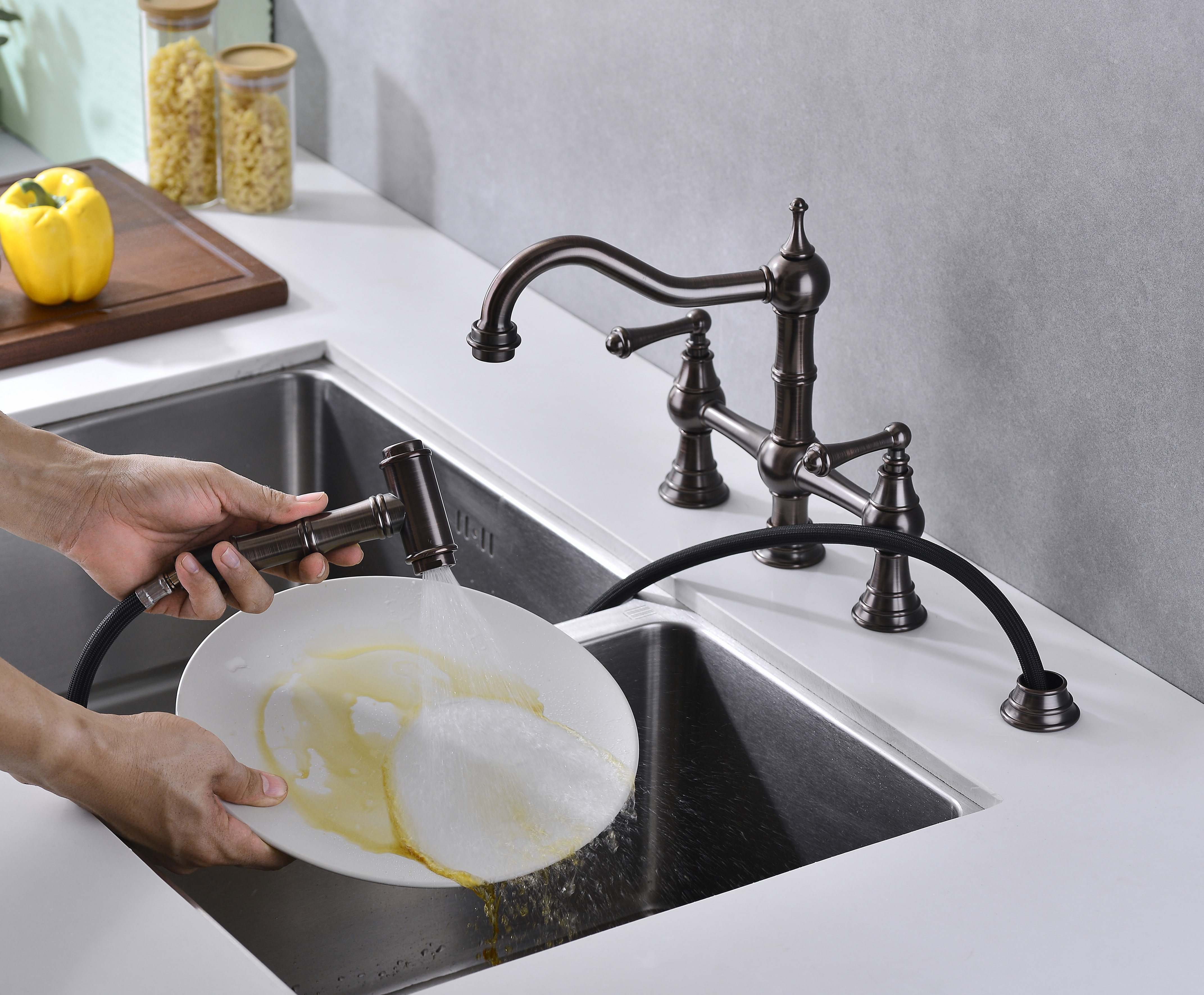  Double Handle Bridge Kitchen Faucet with Brass Side Sprayer in Bronze, 4-Holes Kitchen Faucet