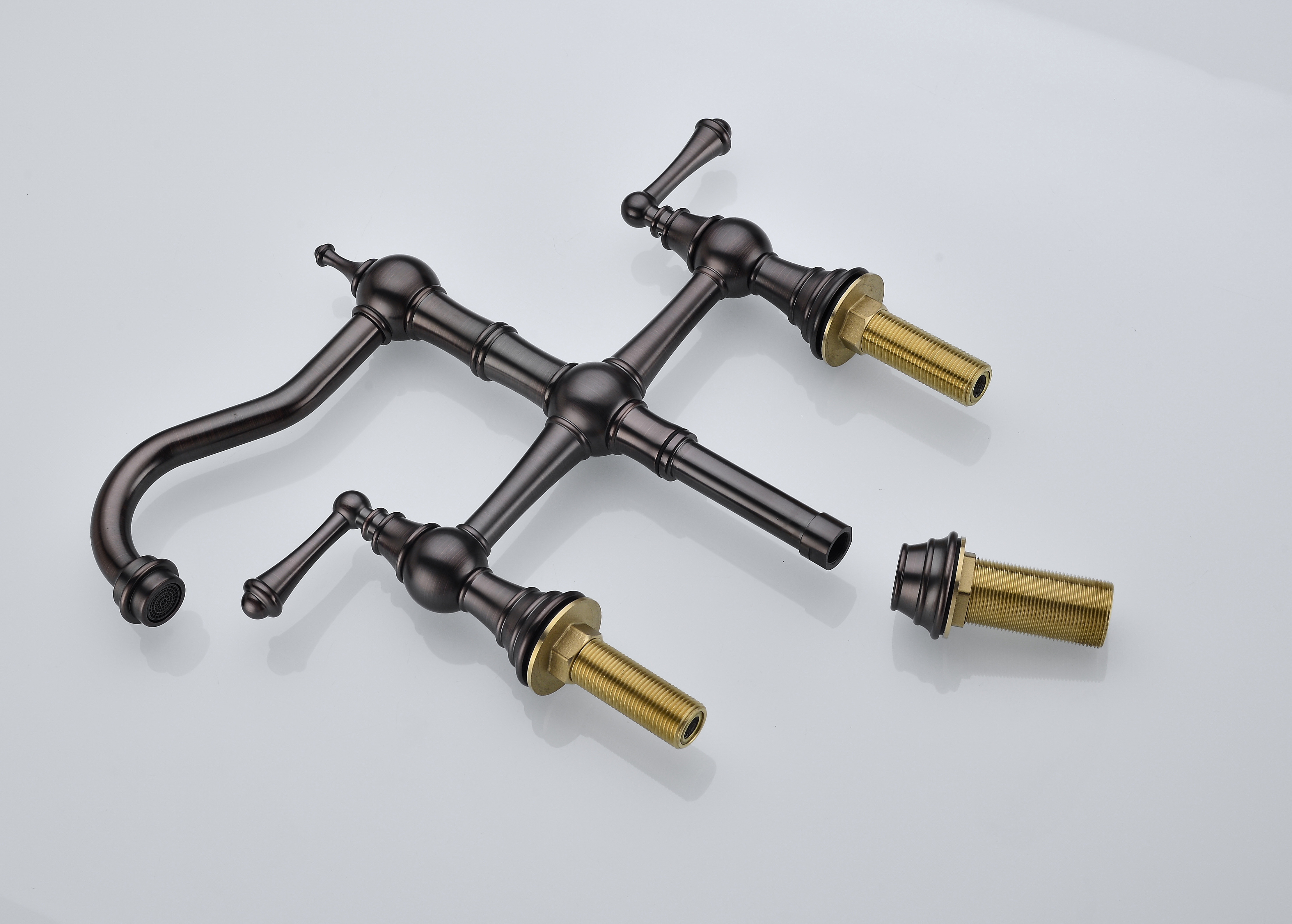  Double Handle Bridge Kitchen Faucet with Brass Side Sprayer in Bronze, 4-Holes Kitchen Faucet