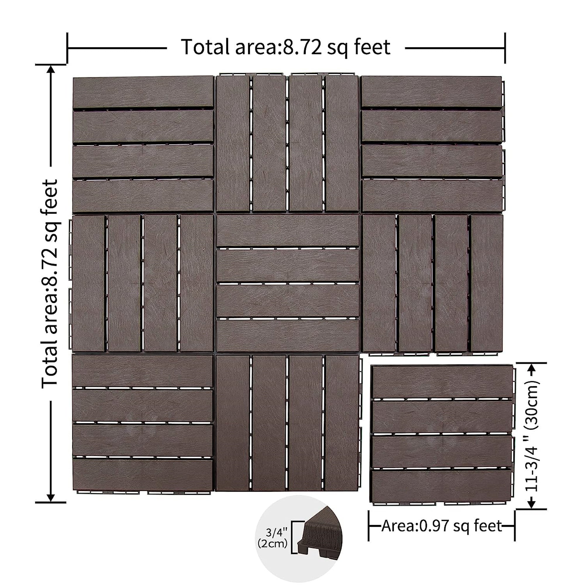Patio Interlocking Deck Tiles, 12"x12" Square Composite Decking Tiles, Four Slat Plastic Outdoor Flooring Tile All Weather for Balcony Porch Backyard