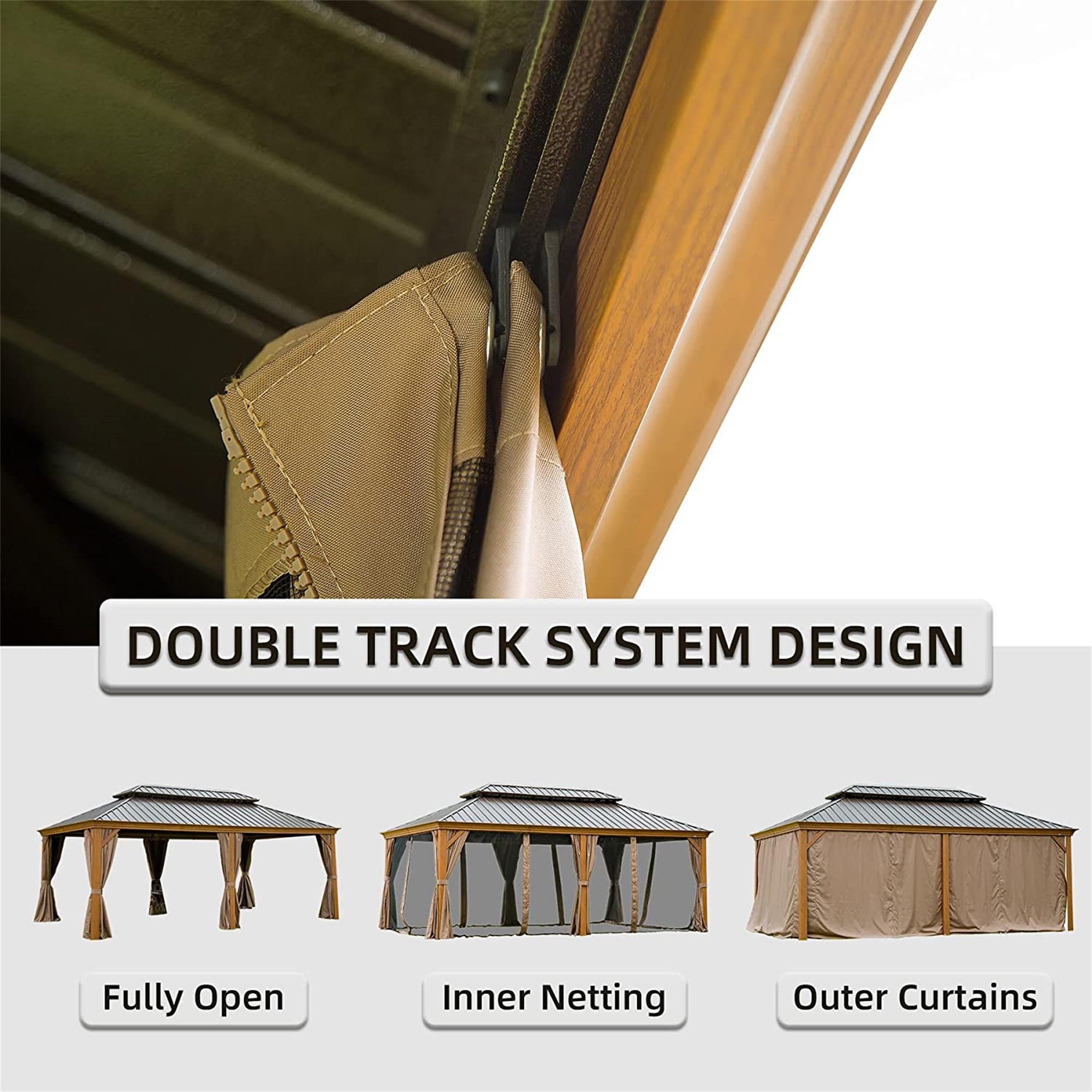 Hardtop Gazebo, Wooden Coated Aluminum Frame Canopy with Galvanized Steel Double Roof, Outdoor Permanent Metal Pavilion with Curtains and Netting for Patio, Deck and Lawn(Wood-Looking)