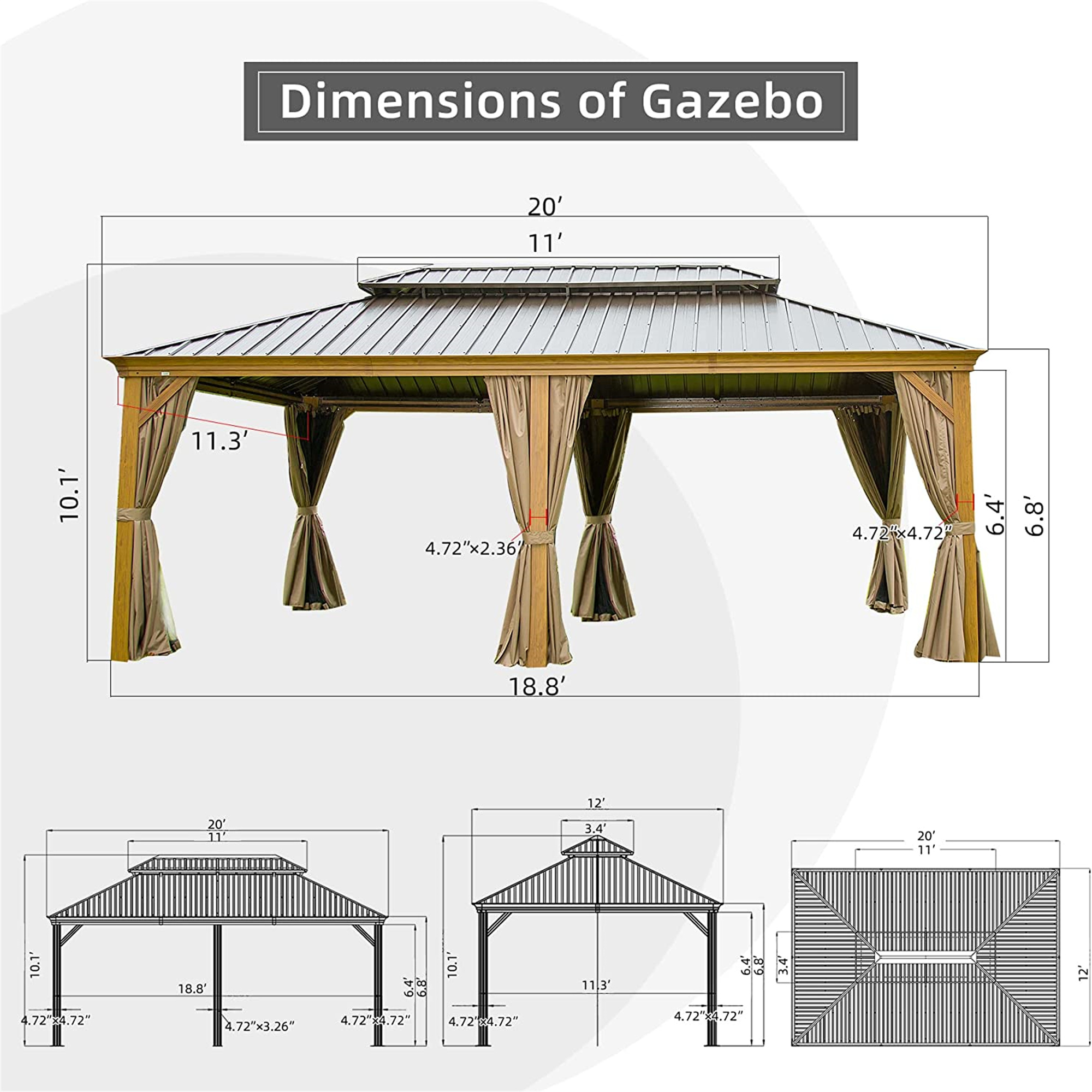 Hardtop Gazebo, Wooden Coated Aluminum Frame Canopy with Galvanized Steel Double Roof, Outdoor Permanent Metal Pavilion with Curtains and Netting for Patio, Deck and Lawn(Wood-Looking)