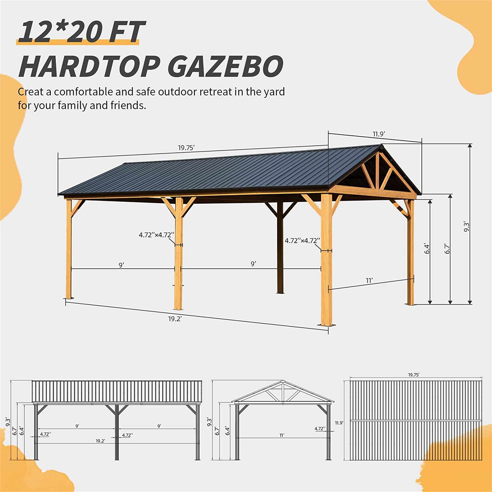 Outdoor Aluminum Hardtop Gazebo Wood Looking Frame Galvanized Steel Gable Tent for Patio Decks Backyard