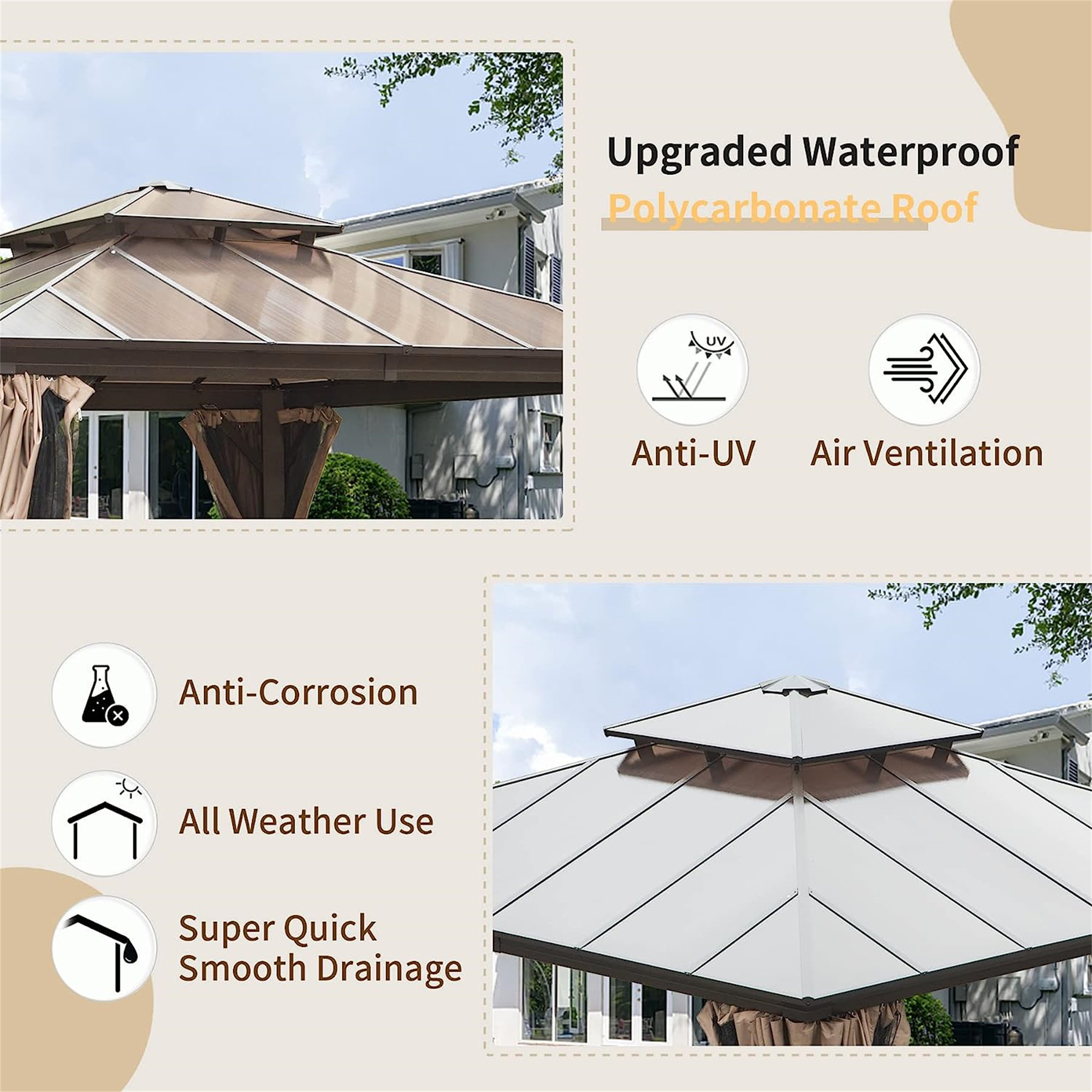 Hardtop Gazebo, Permanent Outdoor Gazebo with Polycarbonate Double Roof, Aluminum Gazebo Pavilion with Curtain and Net for Garden, Patio, Lawns, Deck, Backyard