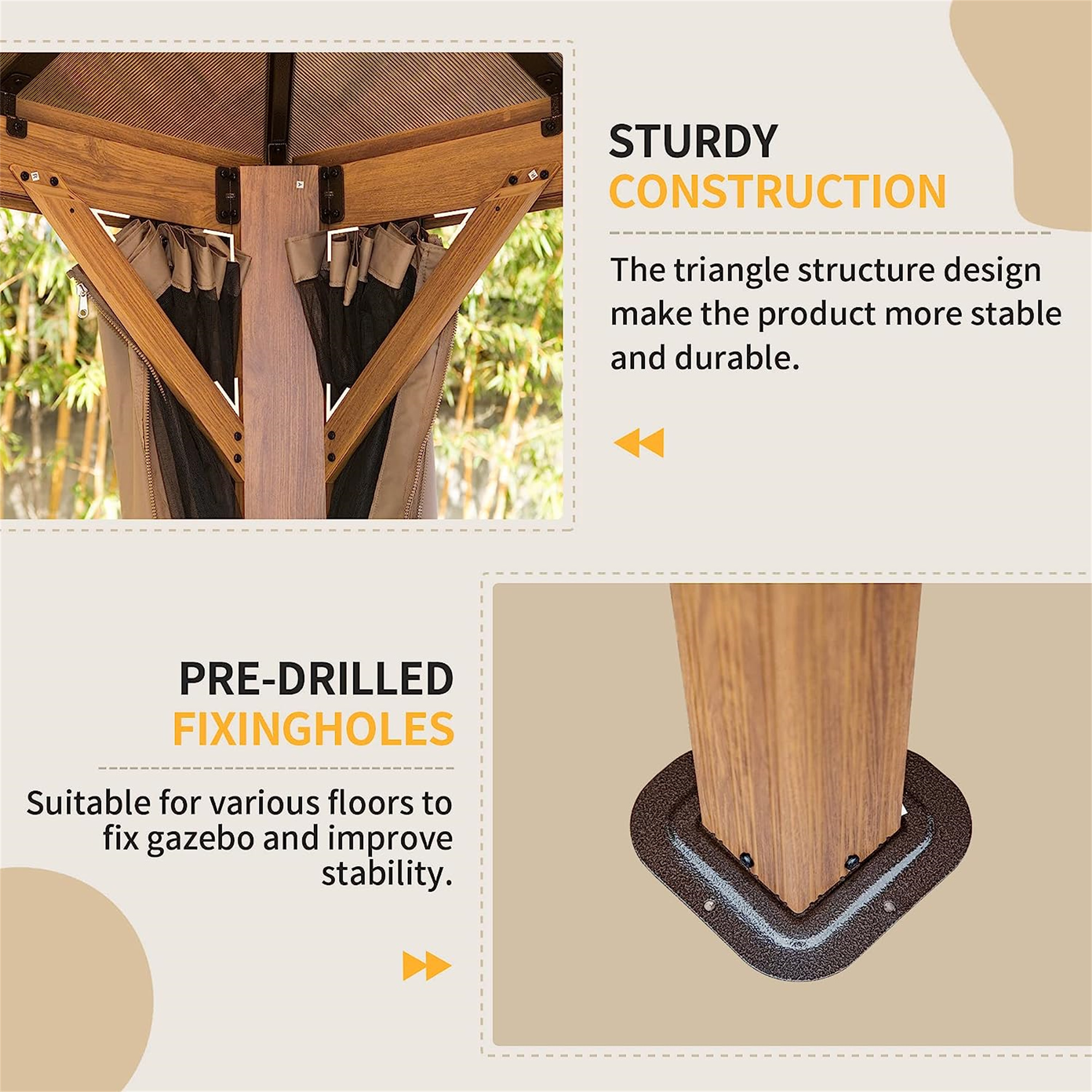 Hardtop Gazebo, Permanent Outdoor Gazebo with Polycarbonate Double Roof, Aluminum Gazebo Pavilion with Curtain and Net for Garden, Patio, Lawns, Deck, Backyard