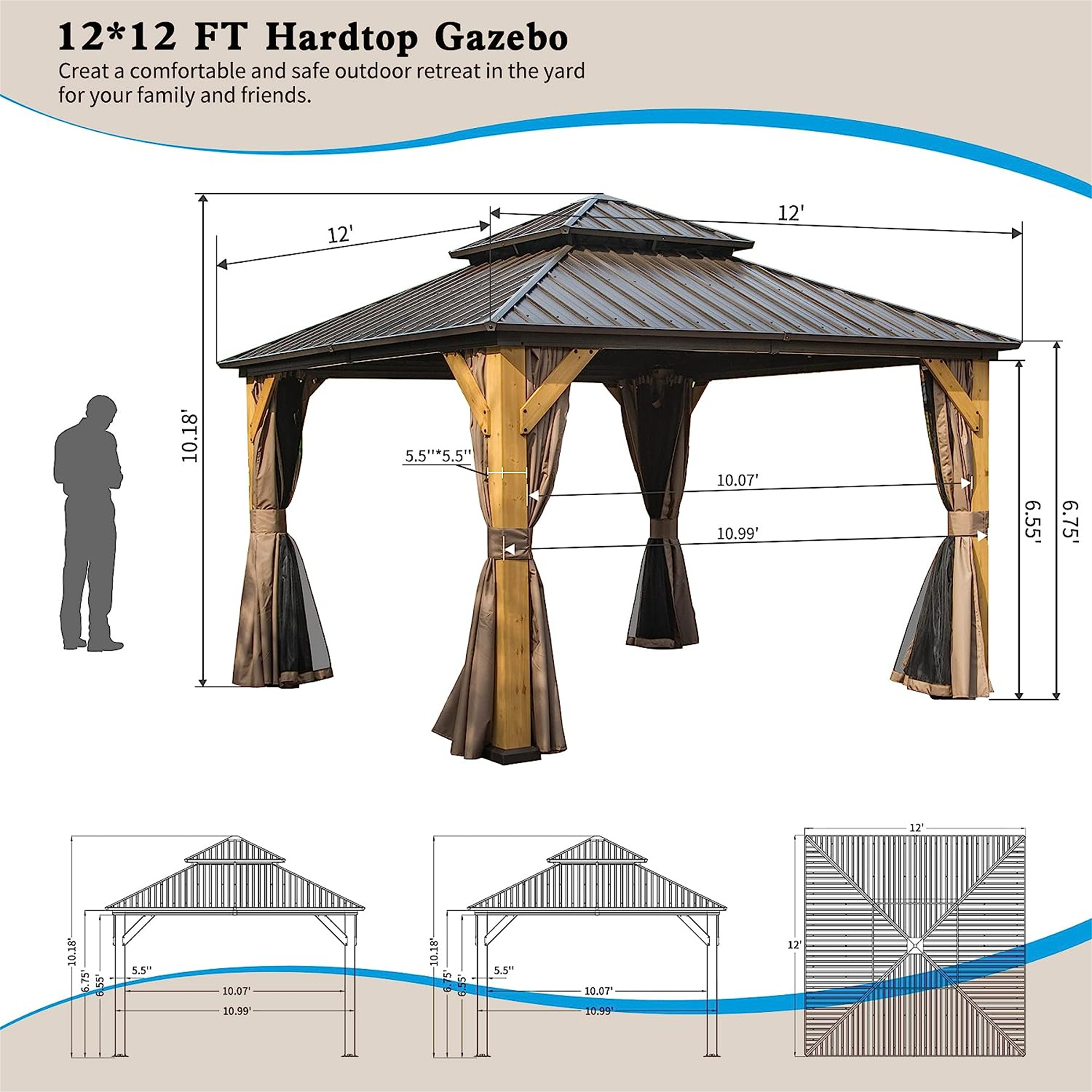 Outdoor Cedar Wood Frame Canopy with Galvanized Steel Double Roof, Outdoor Permanent Metal Pavilion with Curtains and Netting for Patio, Backyard and Lawn