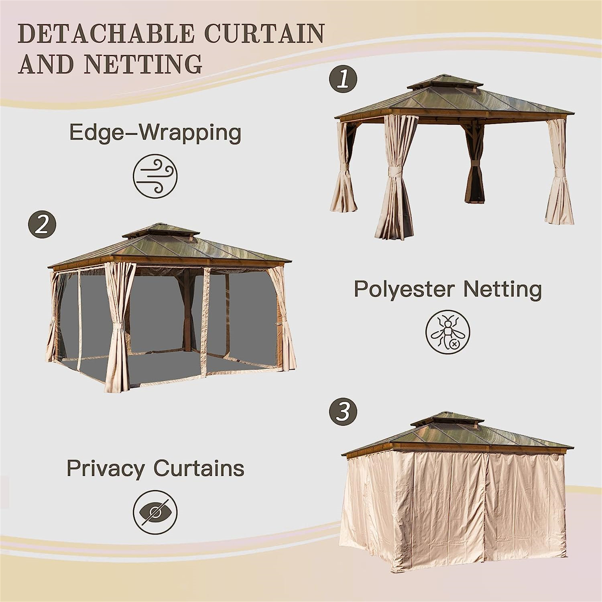 Hardtop Gazebo, Permanent Outdoor Gazebo with Polycarbonate Double Roof, Aluminum Gazebo Pavilion with Curtain and Net for Garden, Patio, Lawns, Deck, Backyard