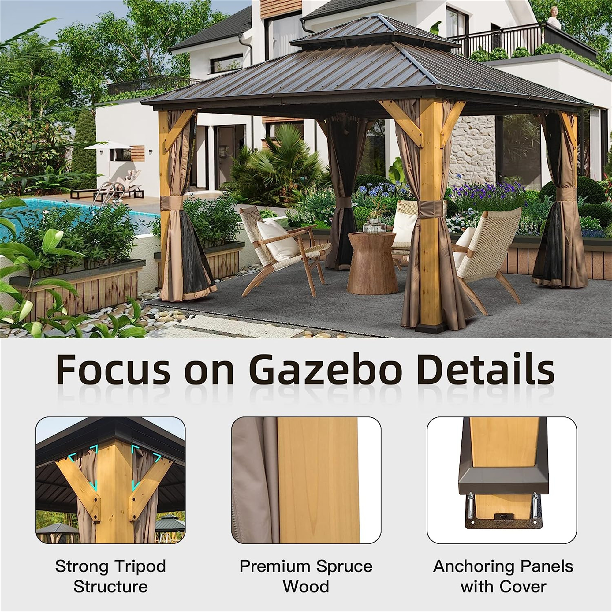 Outdoor Cedar Wood Frame Canopy with Galvanized Steel Double Roof, Outdoor Permanent Metal Pavilion with Curtains and Netting for Patio, Backyard and Lawn