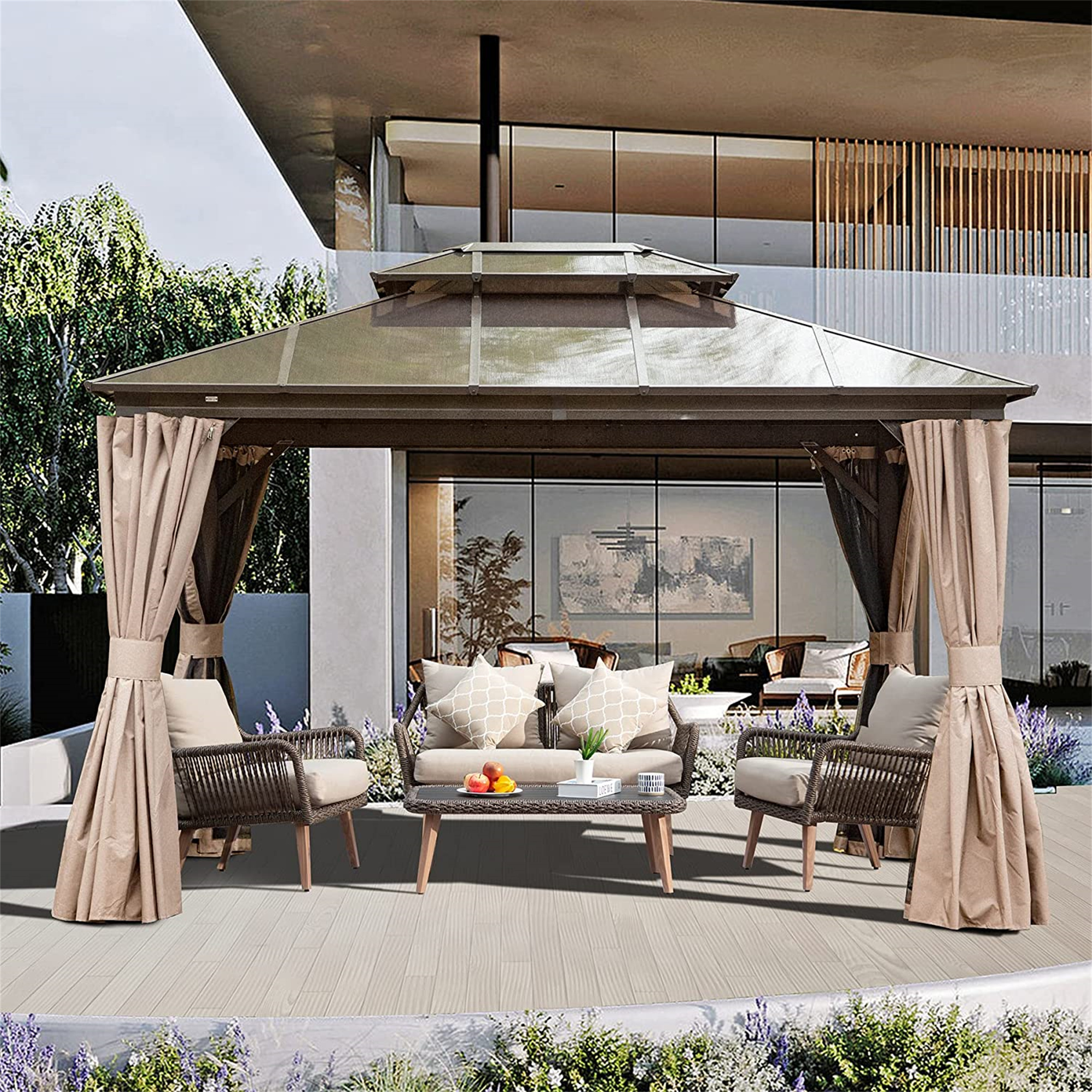 Mondawe 10x12 Ft Permanent Aluminum Polycarbonate Double Roof Outdoor Hardtop Gazebo with Curtain and Net for Garden Patio Lawns Deck Backyard