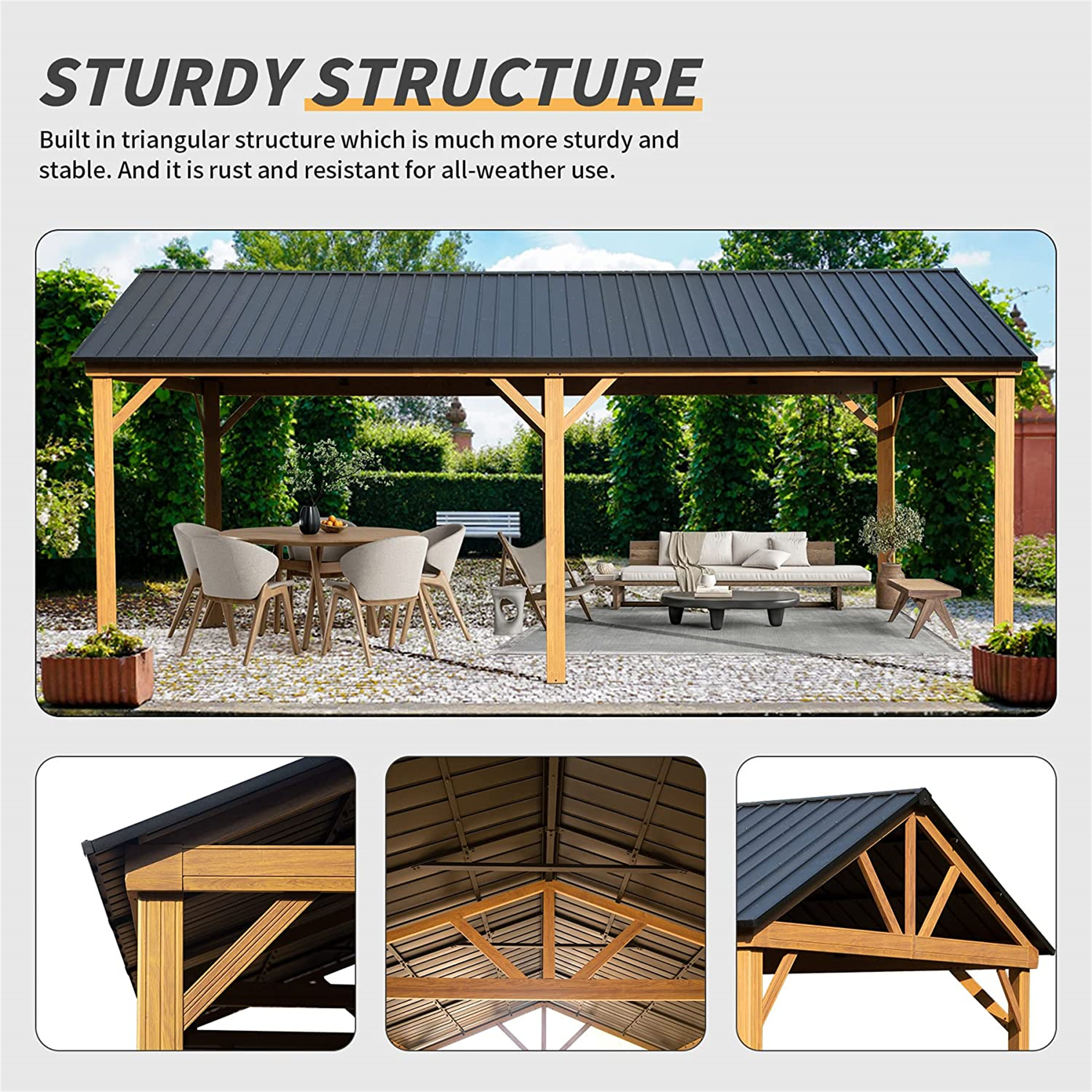 Outdoor Aluminum Hardtop Gazebo Wood Looking Frame Galvanized Steel Gable Tent for Patio Decks Backyard