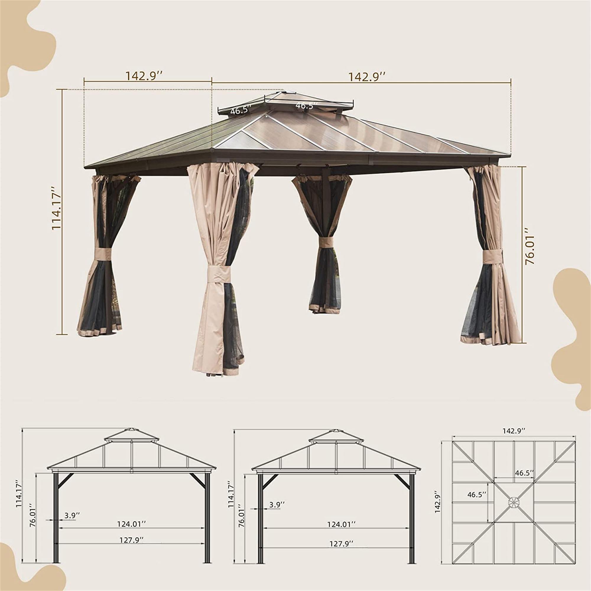 Hardtop Gazebo, Permanent Outdoor Gazebo with Polycarbonate Double Roof, Aluminum Gazebo Pavilion with Curtain and Net for Garden, Patio, Lawns, Deck, Backyard