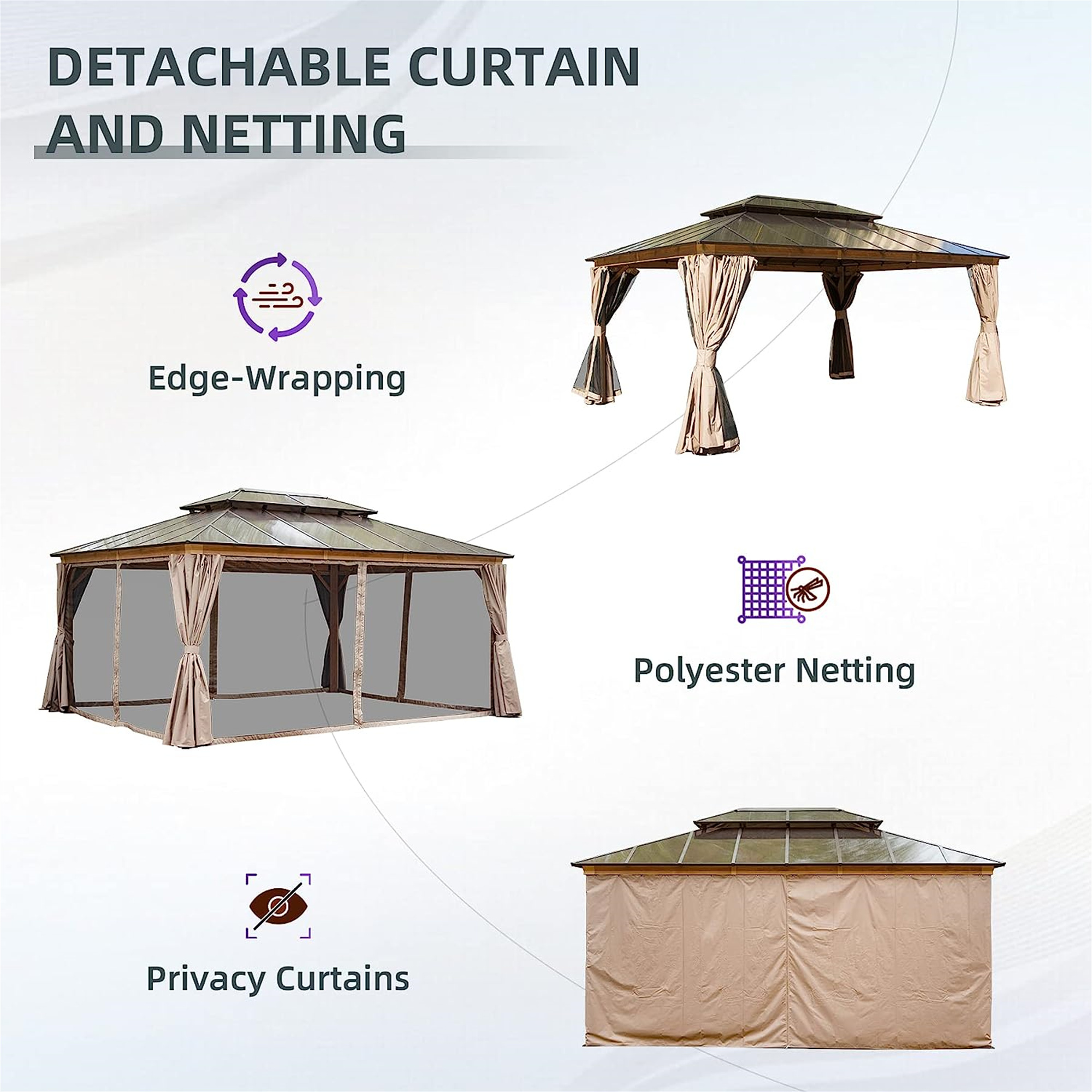 Hardtop Gazebo, Permanent Outdoor Gazebo with Polycarbonate Double Roof, Aluminum Gazebo Pavilion with Curtain and Net for Garden, Patio, Lawns, Deck, Backyard