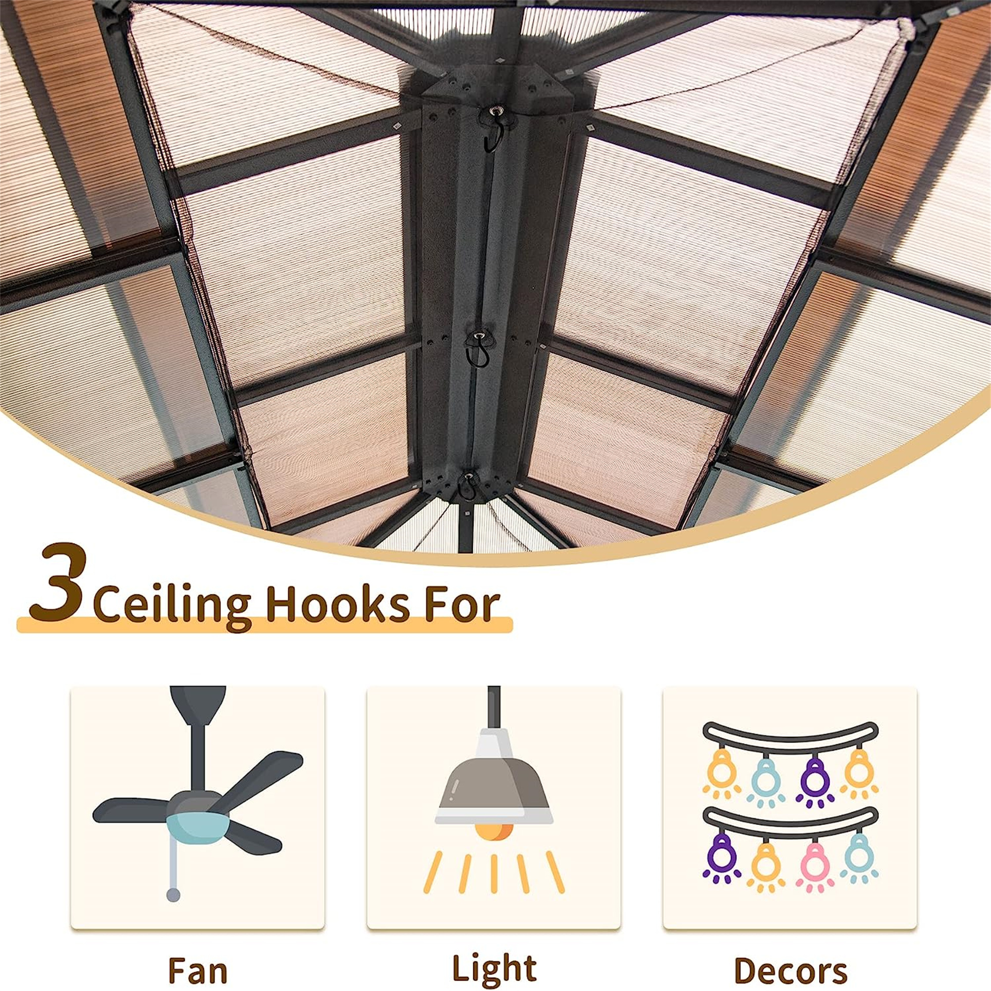 Hardtop Gazebo, Permanent Outdoor Gazebo with Polycarbonate Double Roof, Aluminum Gazebo Pavilion with Curtain and Net for Garden, Patio, Lawns, Deck, Backyard