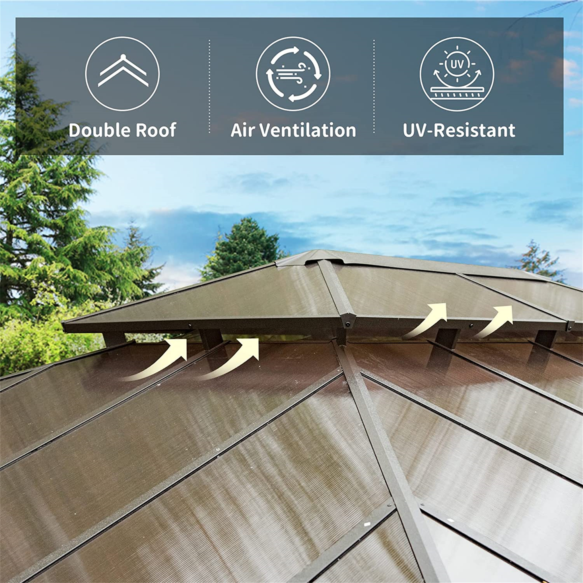 Hardtop Gazebo, Permanent Outdoor Gazebo with Polycarbonate Double Roof, Aluminum Gazebo Pavilion with Curtain and Net for Garden, Patio, Lawns, Deck, Backyard