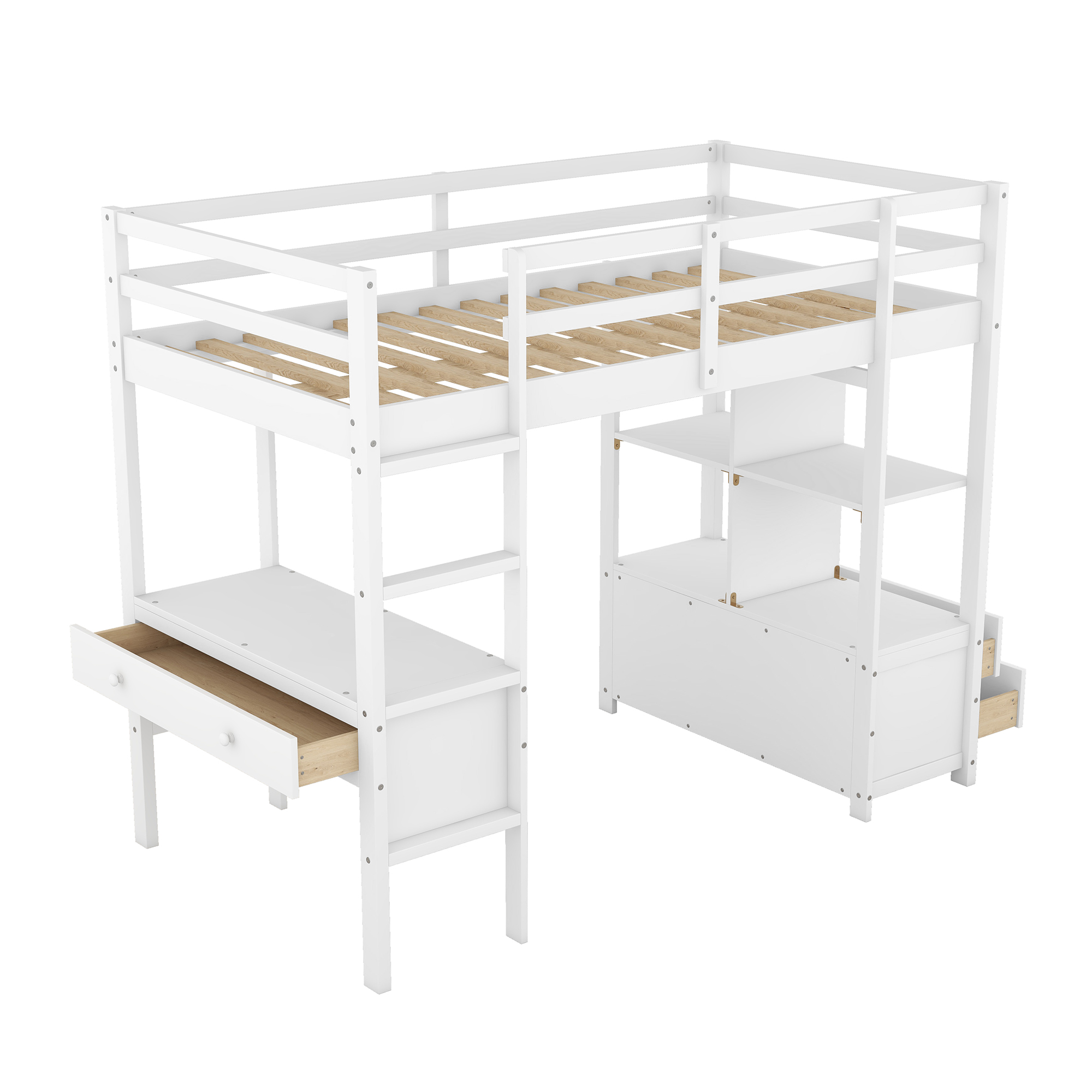 Twin Size Loft Bed with Built-in Desk with Two Drawers, and Storage Shelves and Drawers,White/Gray
