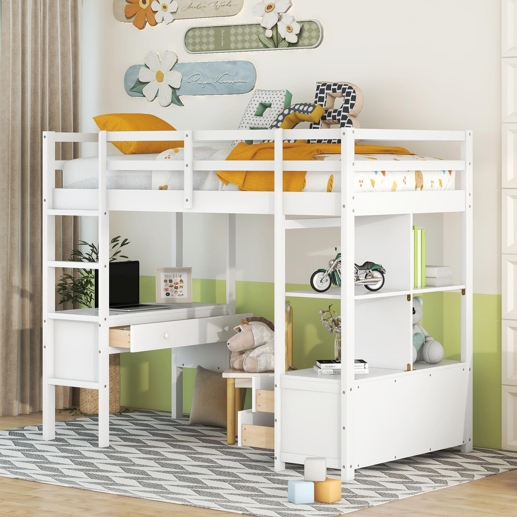 Twin Size Loft Bed with Built-in Desk with Two Drawers, and Storage Shelves and Drawers,White/Gray