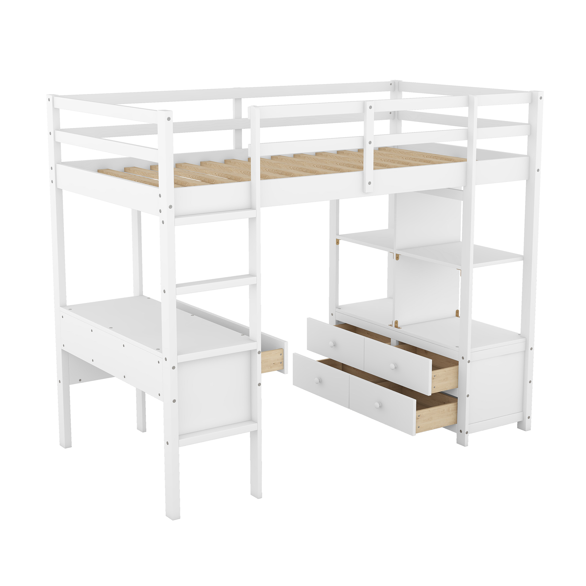 Twin Size Loft Bed with Built-in Desk with Two Drawers, and Storage Shelves and Drawers,White/Gray