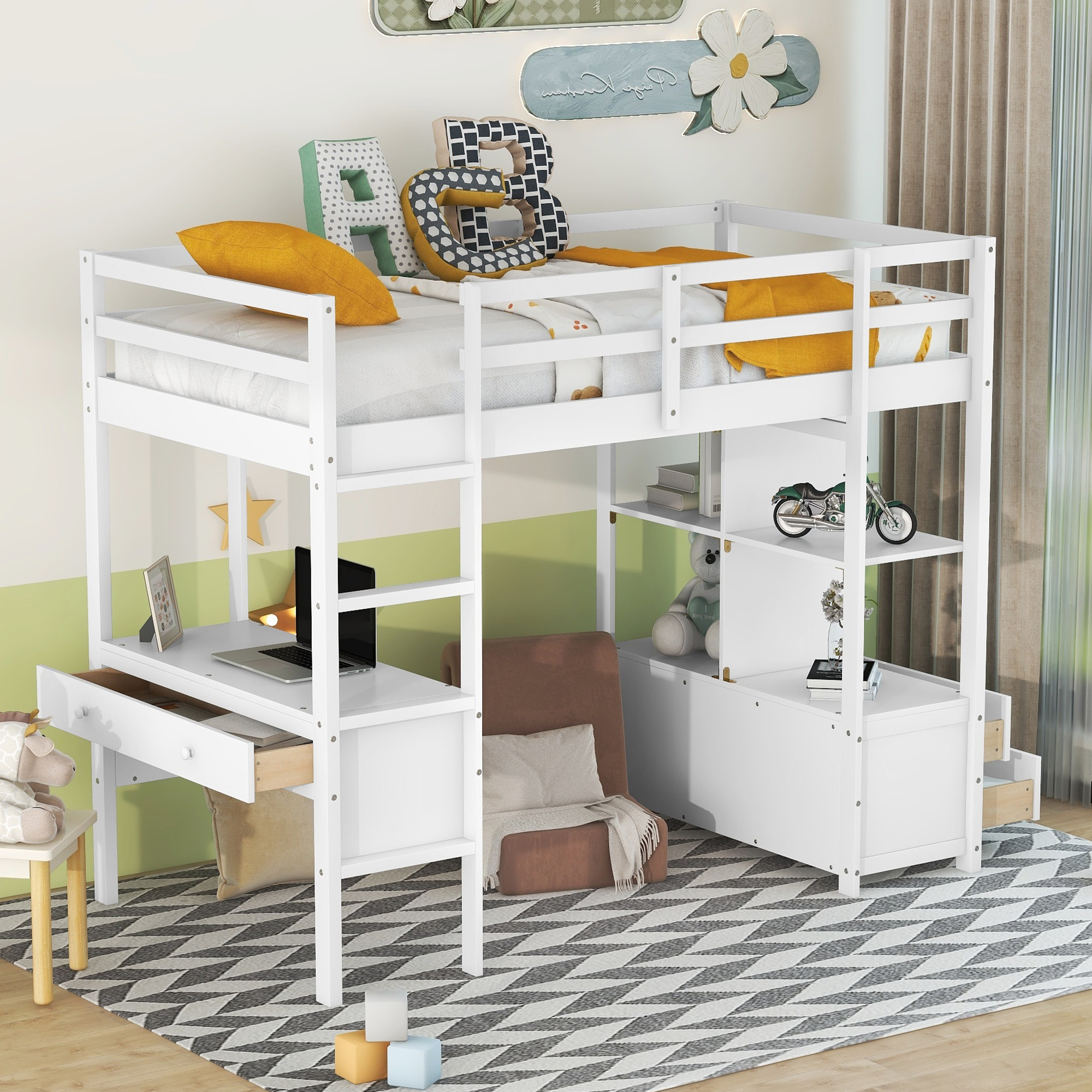 Twin Size Loft Bed with Built-in Desk with Two Drawers, and Storage Shelves and Drawers,White/Gray