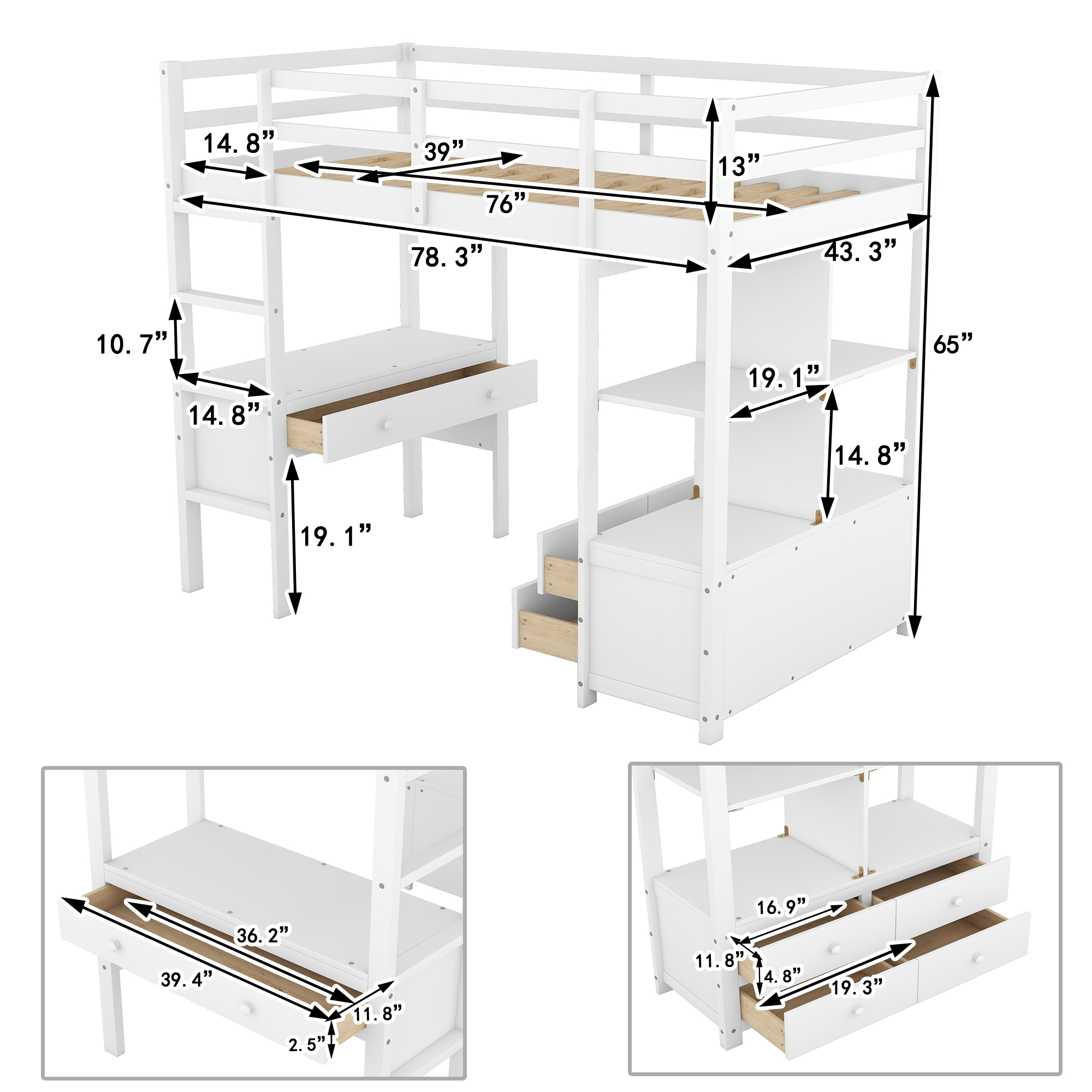 Twin Size Loft Bed with Built-in Desk with Two Drawers, and Storage Shelves and Drawers,White/Gray