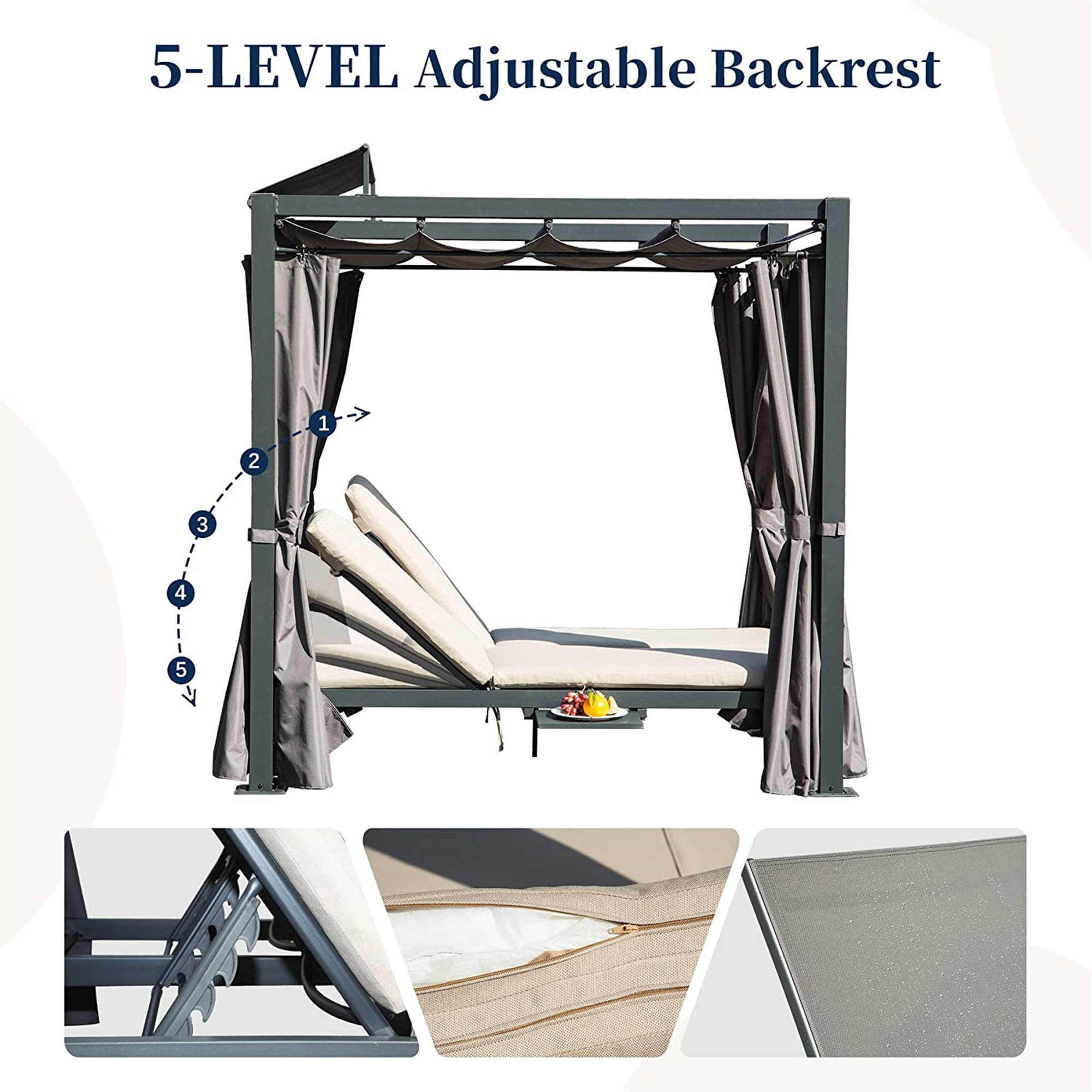 Outdoor Double Chaise Lounge Daybed Bed Aluminum Frame with Retractable Canopy and Curtain with Cushion