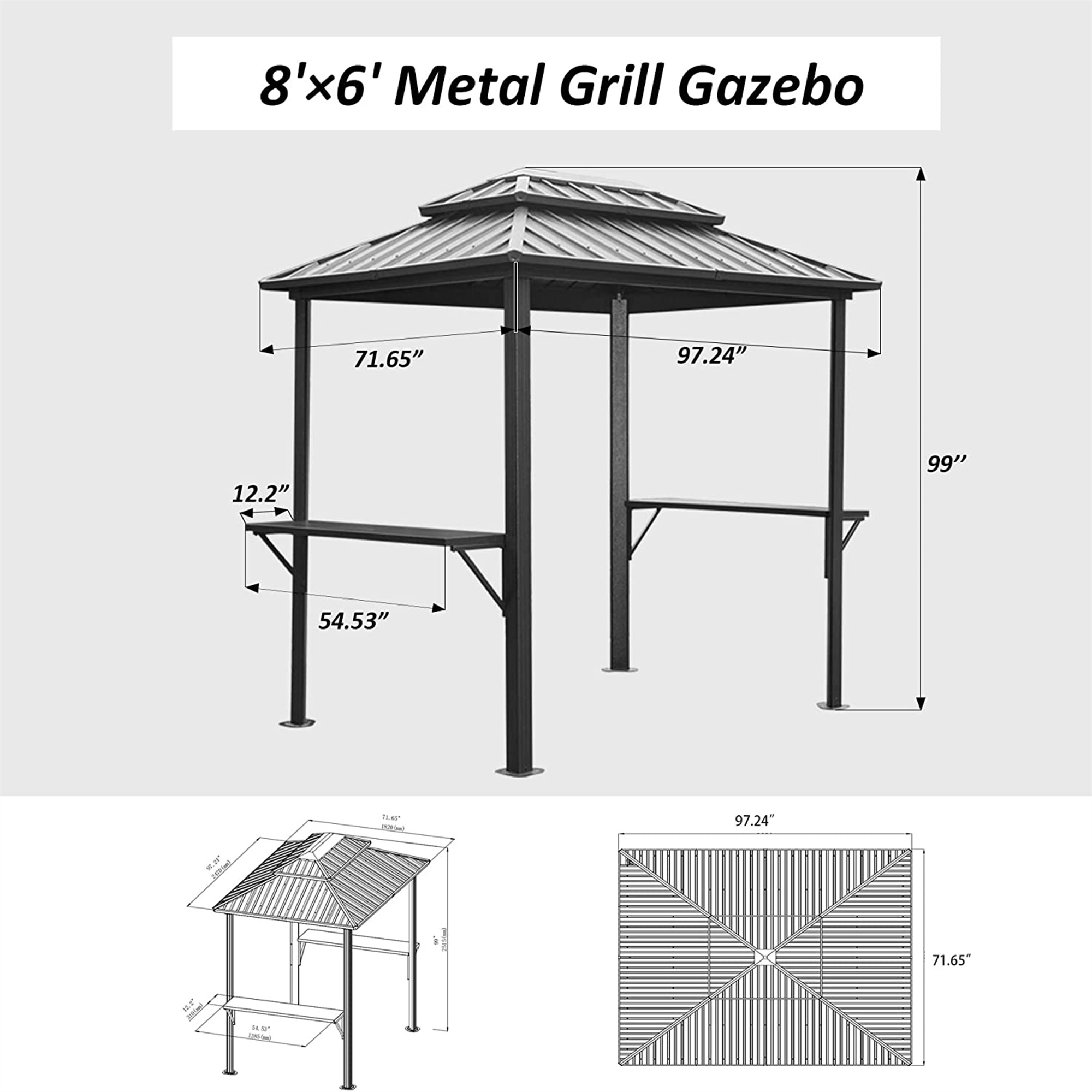 Hardtop Grill Gazebo, Outdoor BBQ Gazebo with 2 Side Shelves and Sloping Galvanized Steel Roof, Metal Permanent Grill Canopy with Ceiling Hooks for Patio, Lawn, Backyard, Deck