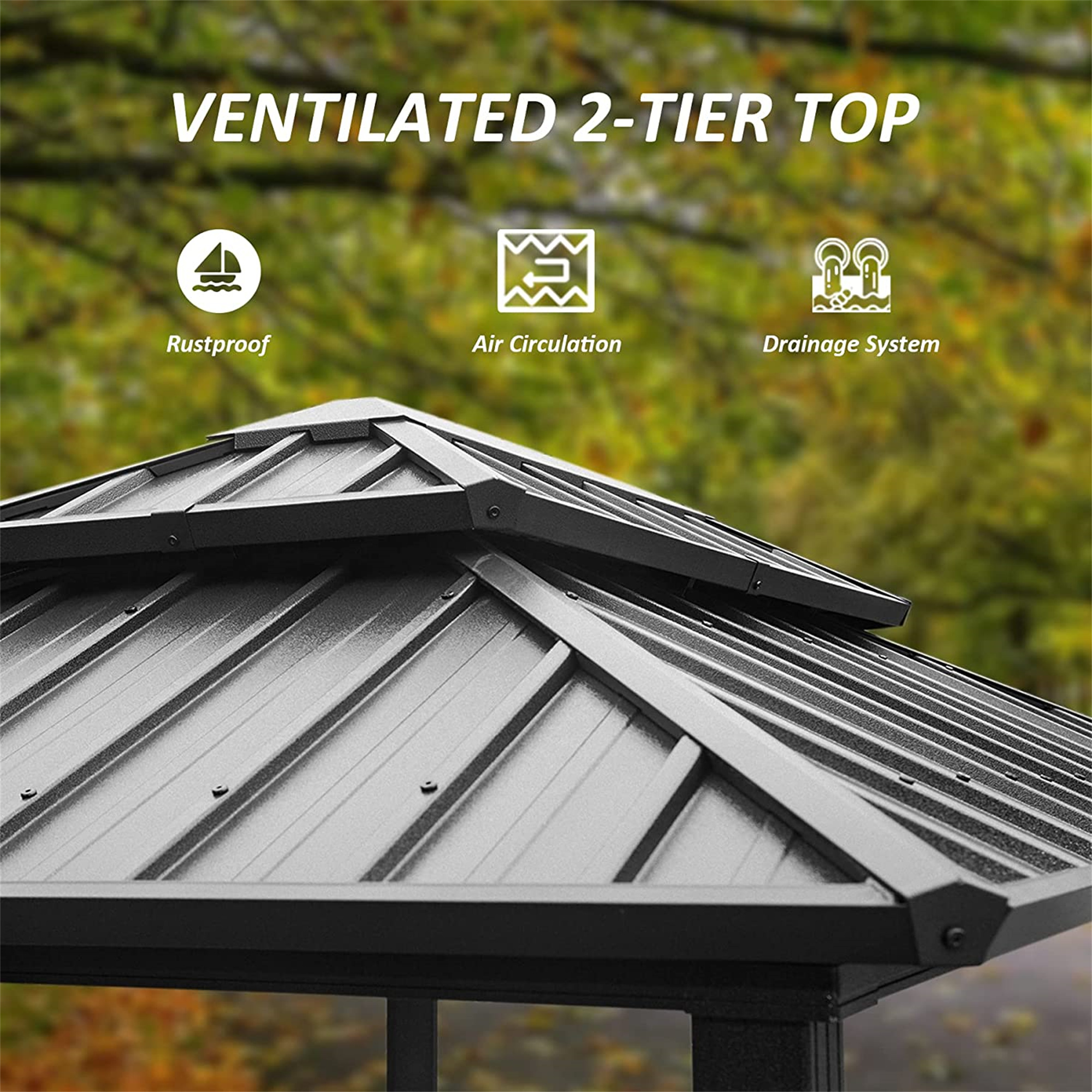 Hardtop Grill Gazebo, Outdoor BBQ Gazebo with 2 Side Shelves and Sloping Galvanized Steel Roof, Metal Permanent Grill Canopy with Ceiling Hooks for Patio, Lawn, Backyard, Deck