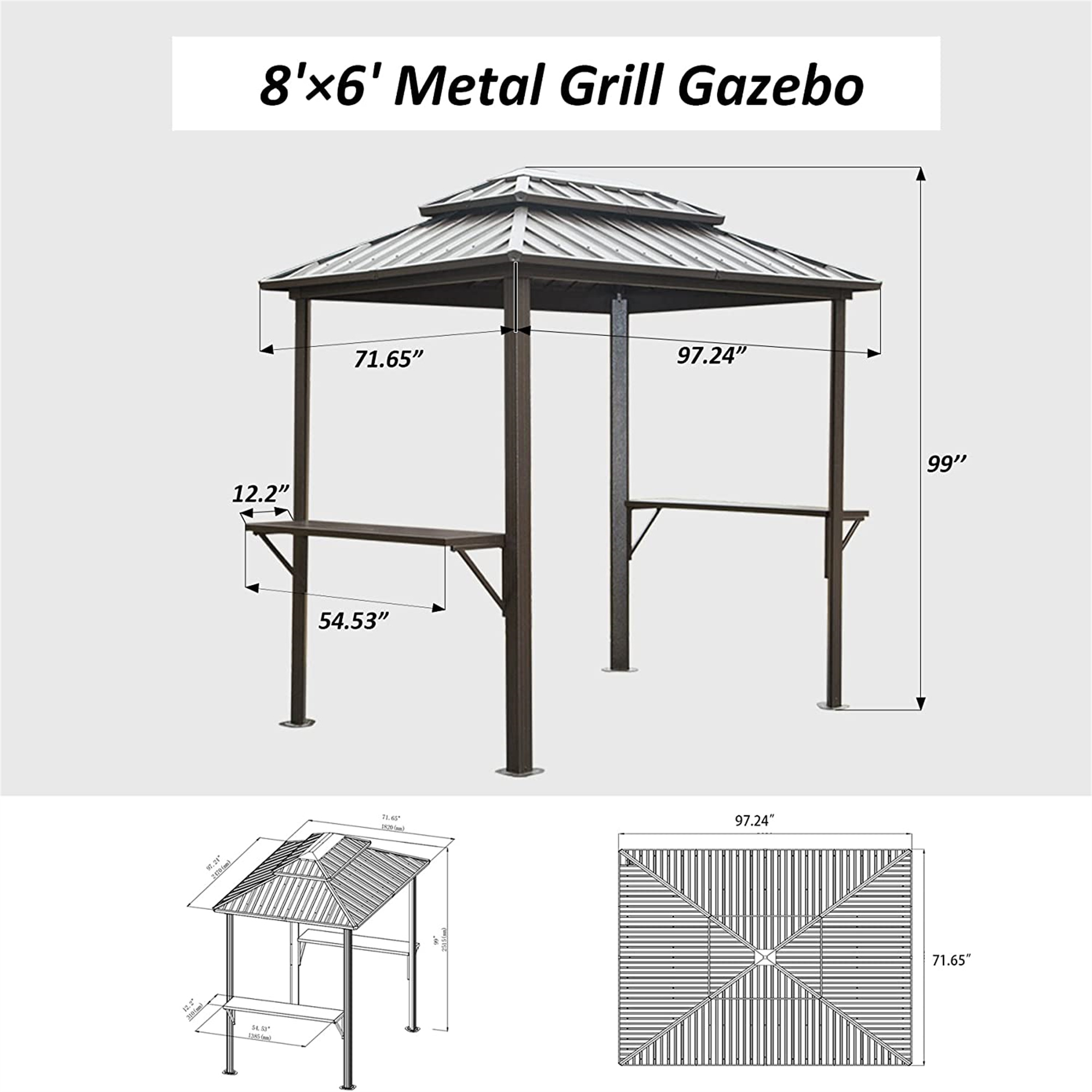 Hardtop Grill Gazebo, Outdoor BBQ Gazebo with 2 Side Shelves and Sloping Galvanized Steel Roof, Metal Permanent Grill Canopy with Ceiling Hooks for Patio, Lawn, Backyard, Deck