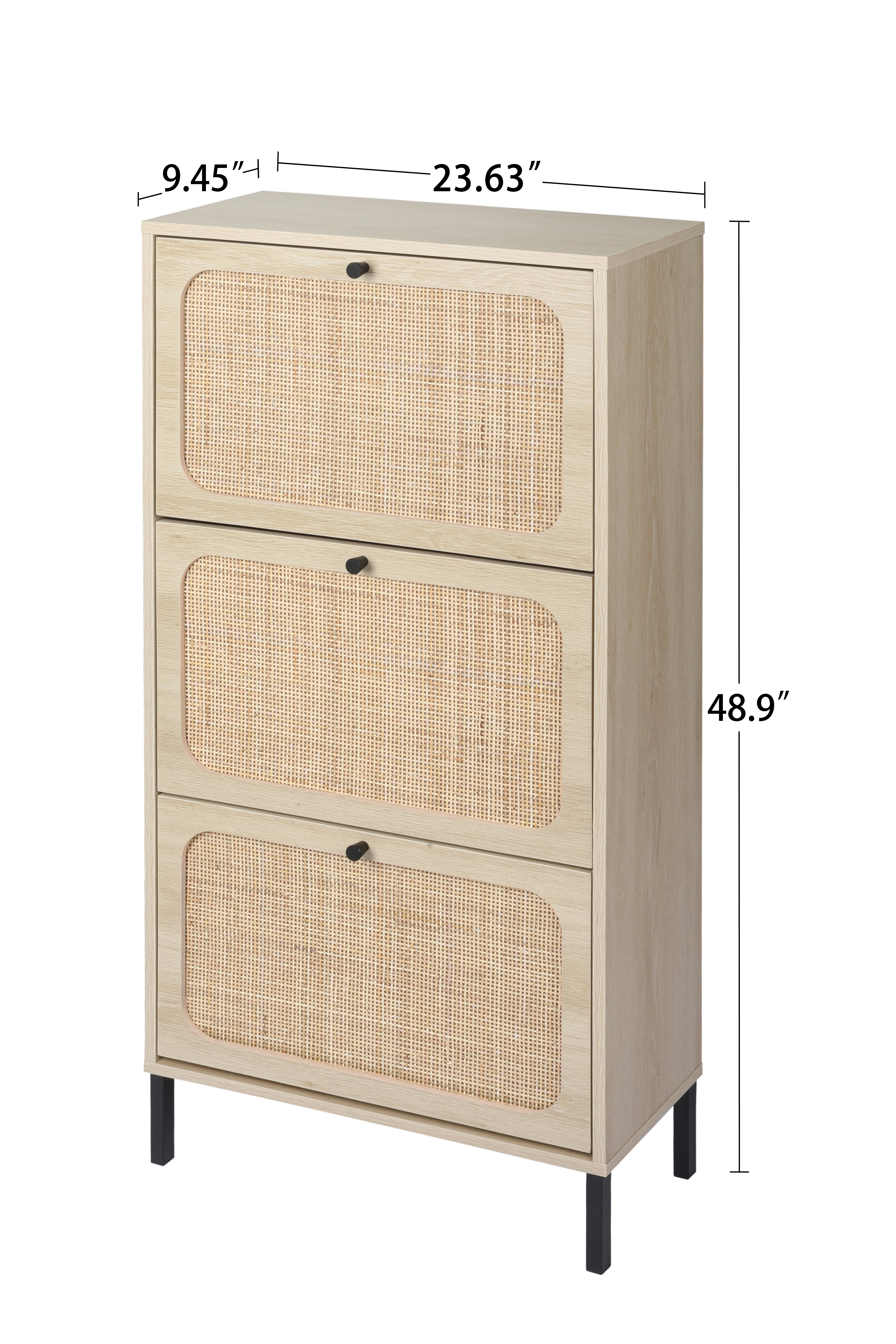 Natural Rattan 3 Door Shoe Rack, Freestanding Modern Shoe Storage Cabinet, for Entryway 