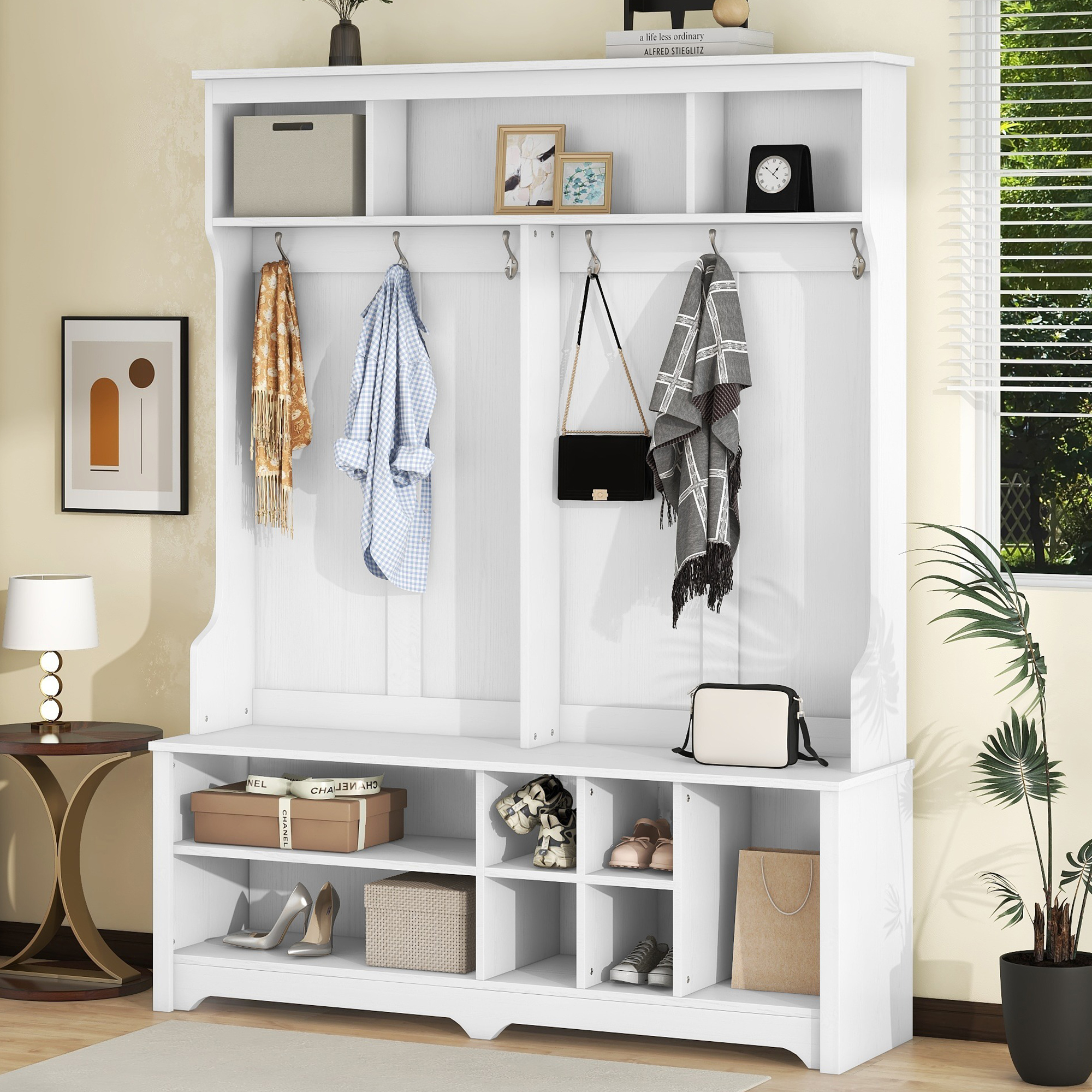 Modern Hallway Hall Tree with Metal Hooks and Storage Space, Multi-Functional Entryway Coat Rack with Shoe Cubbies, White/Black