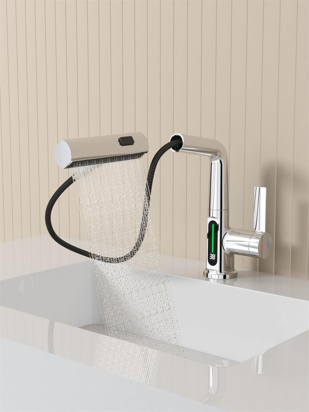  Pull-Out Lift LED Temperature Digital Display Single Handle Single Hole Bathroom Faucet with Adjustable Height in White