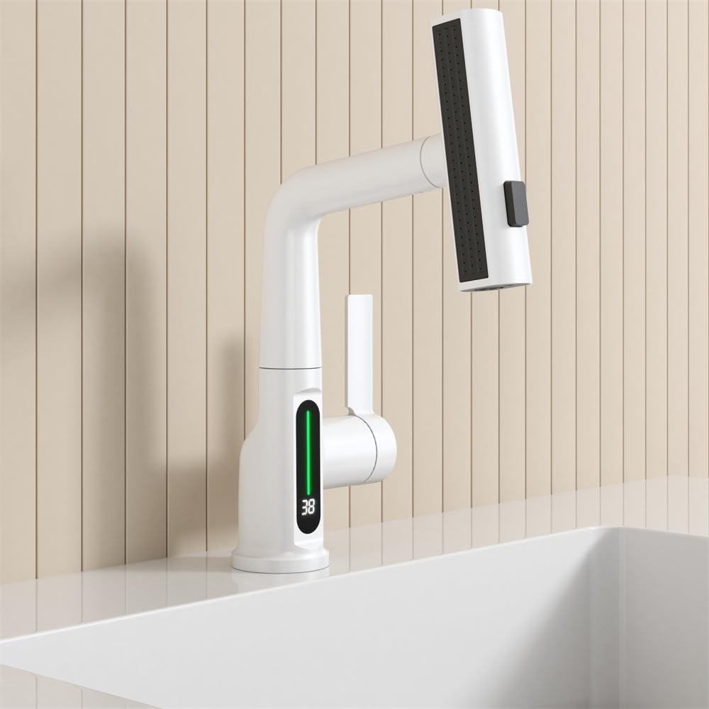  Pull-Out Lift LED Temperature Digital Display Single Handle Single Hole Bathroom Faucet with Adjustable Height in White