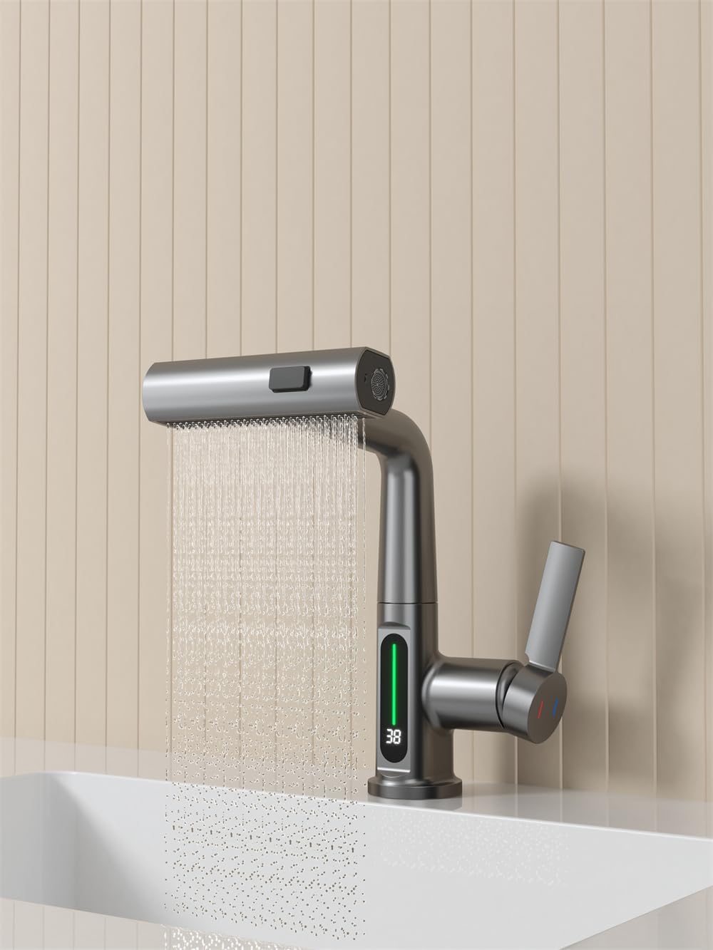  Pull-Out Lift LED Temperature Digital Display Single Handle Single Hole Bathroom Faucet with Adjustable Height in White