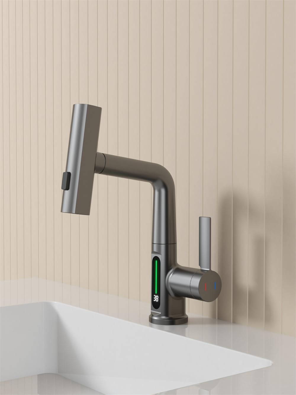 Pull-Out Lift LED Temperature Digital Display Single Handle Single Hole Bathroom Faucet with Adjustable Height in White