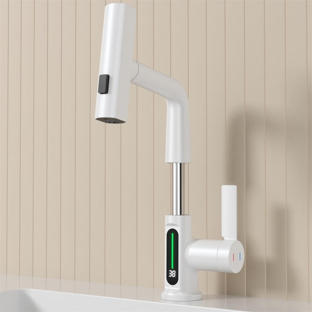  Pull-Out Lift LED Temperature Digital Display Single Handle Single Hole Bathroom Faucet with Adjustable Height in White