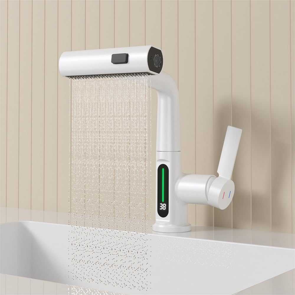 Pull-Out Lift LED Temperature Digital Display Single Handle Single Hole Bathroom Faucet with Adjustable Height in White