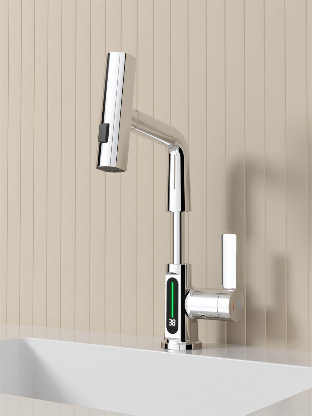  Pull-Out Lift LED Temperature Digital Display Single Handle Single Hole Bathroom Faucet with Adjustable Height in White