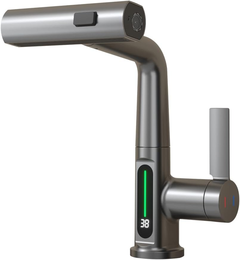  Pull-Out Lift LED Temperature Digital Display Single Handle Single Hole Bathroom Faucet with Adjustable Height in White