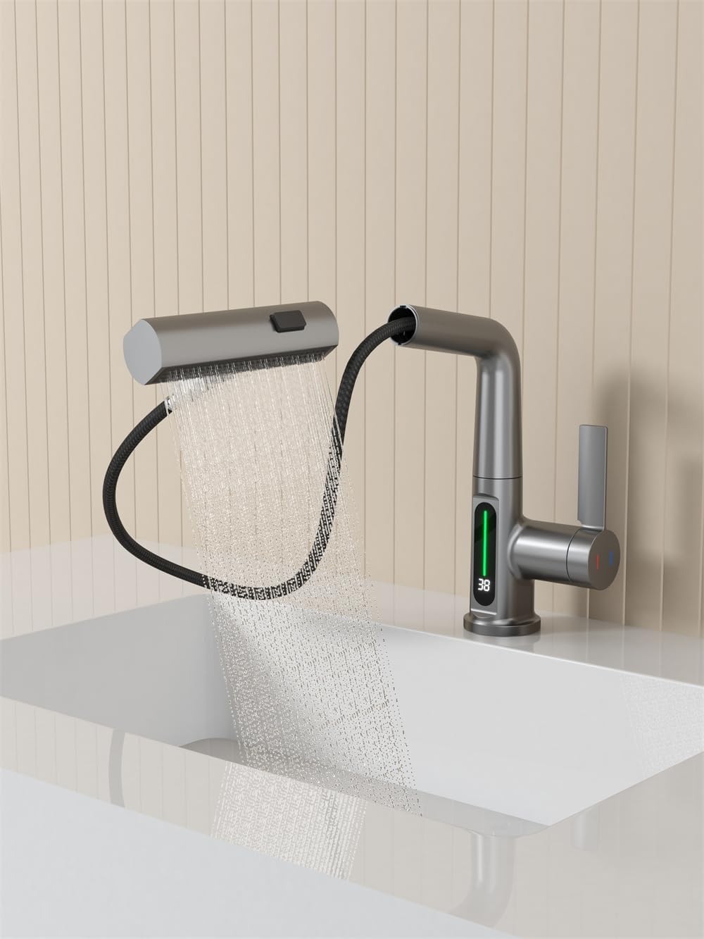  Pull-Out Lift LED Temperature Digital Display Single Handle Single Hole Bathroom Faucet with Adjustable Height in White