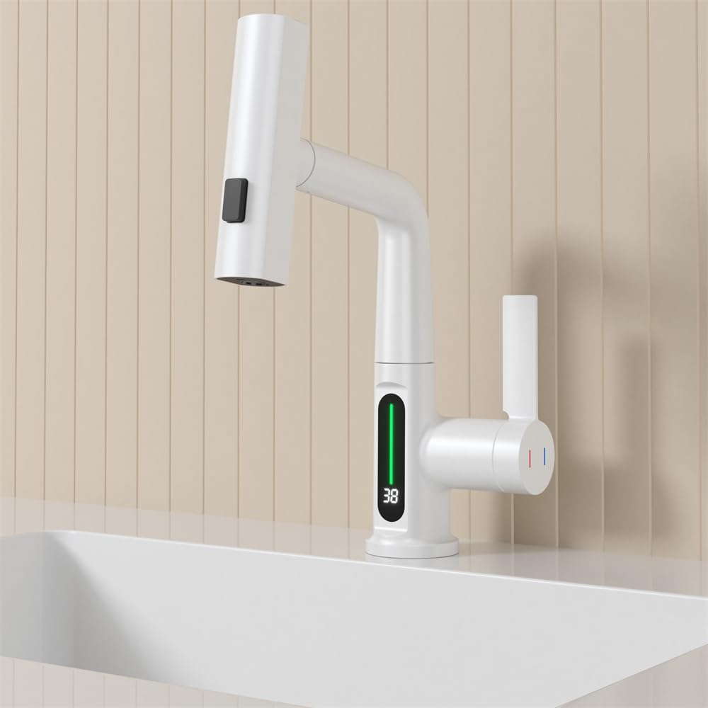  Pull-Out Lift LED Temperature Digital Display Single Handle Single Hole Bathroom Faucet with Adjustable Height in White