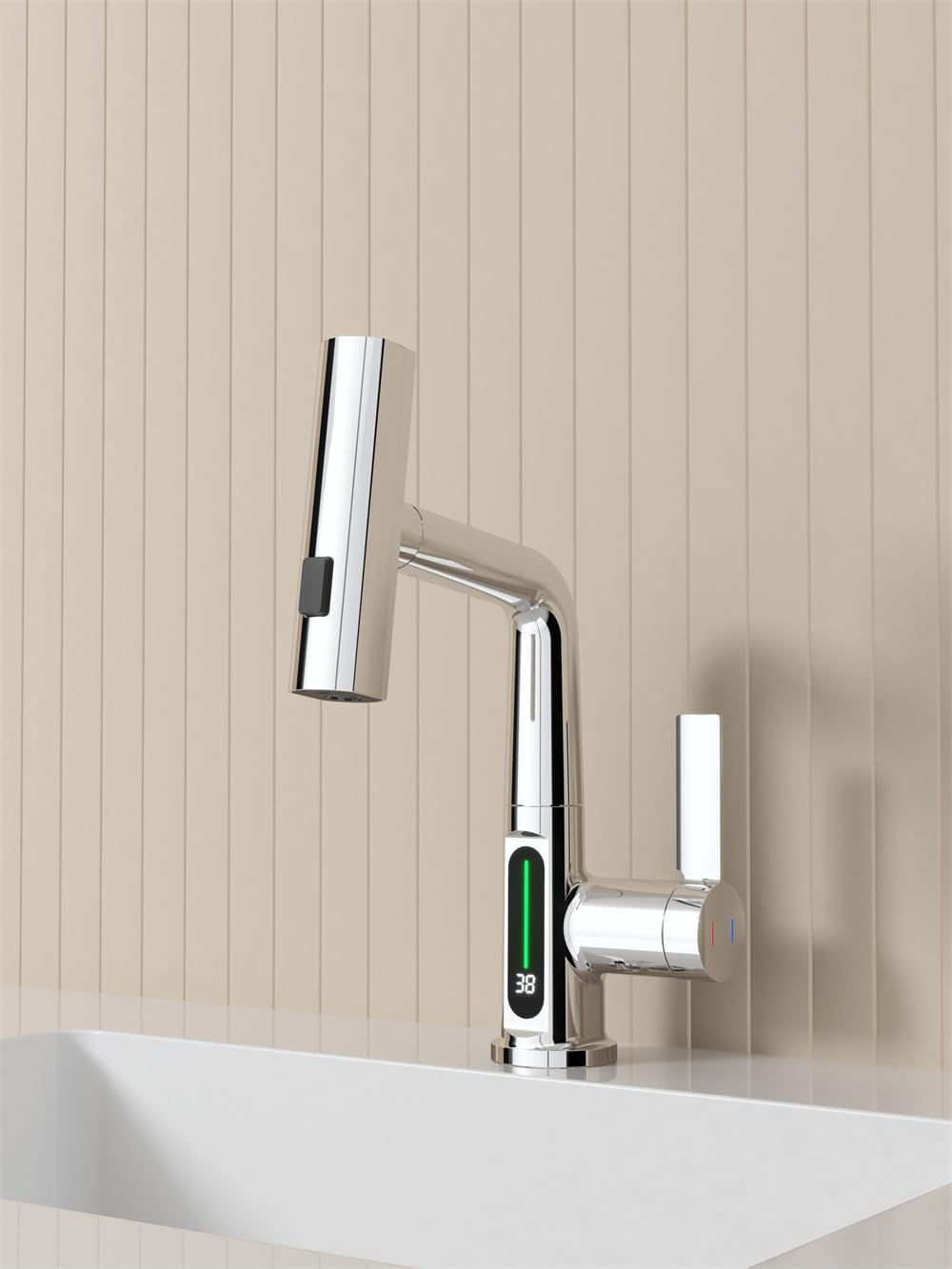  Pull-Out Lift LED Temperature Digital Display Single Handle Single Hole Bathroom Faucet with Adjustable Height in White