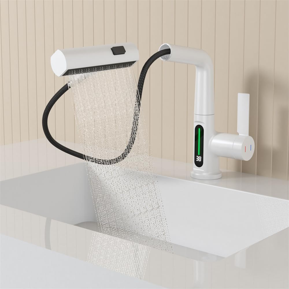  Pull-Out Lift LED Temperature Digital Display Single Handle Single Hole Bathroom Faucet with Adjustable Height in White
