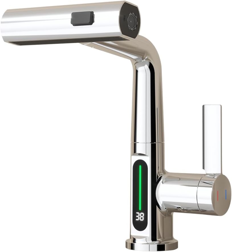  Pull-Out Lift LED Temperature Digital Display Single Handle Single Hole Bathroom Faucet with Adjustable Height in White