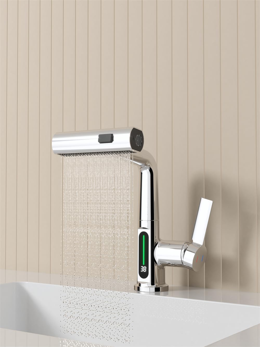  Pull-Out Lift LED Temperature Digital Display Single Handle Single Hole Bathroom Faucet with Adjustable Height in White