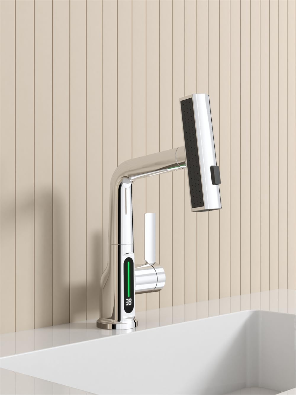  Pull-Out Lift LED Temperature Digital Display Single Handle Single Hole Bathroom Faucet with Adjustable Height in White