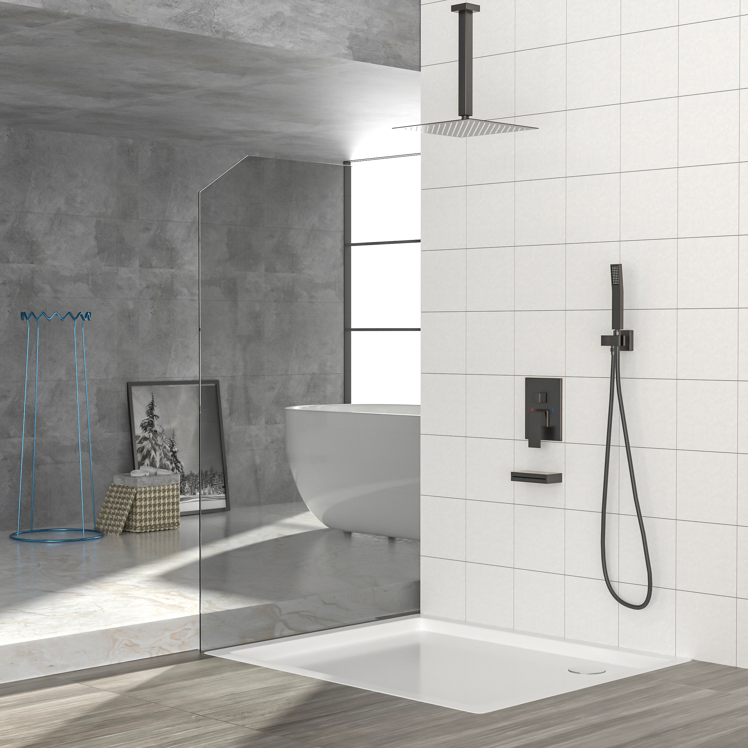 Shower System with Waterfall Tub Spout,12 Inch Ceiling Mount Square Shower System with Rough-in Valve,Oil Rubber Bronze